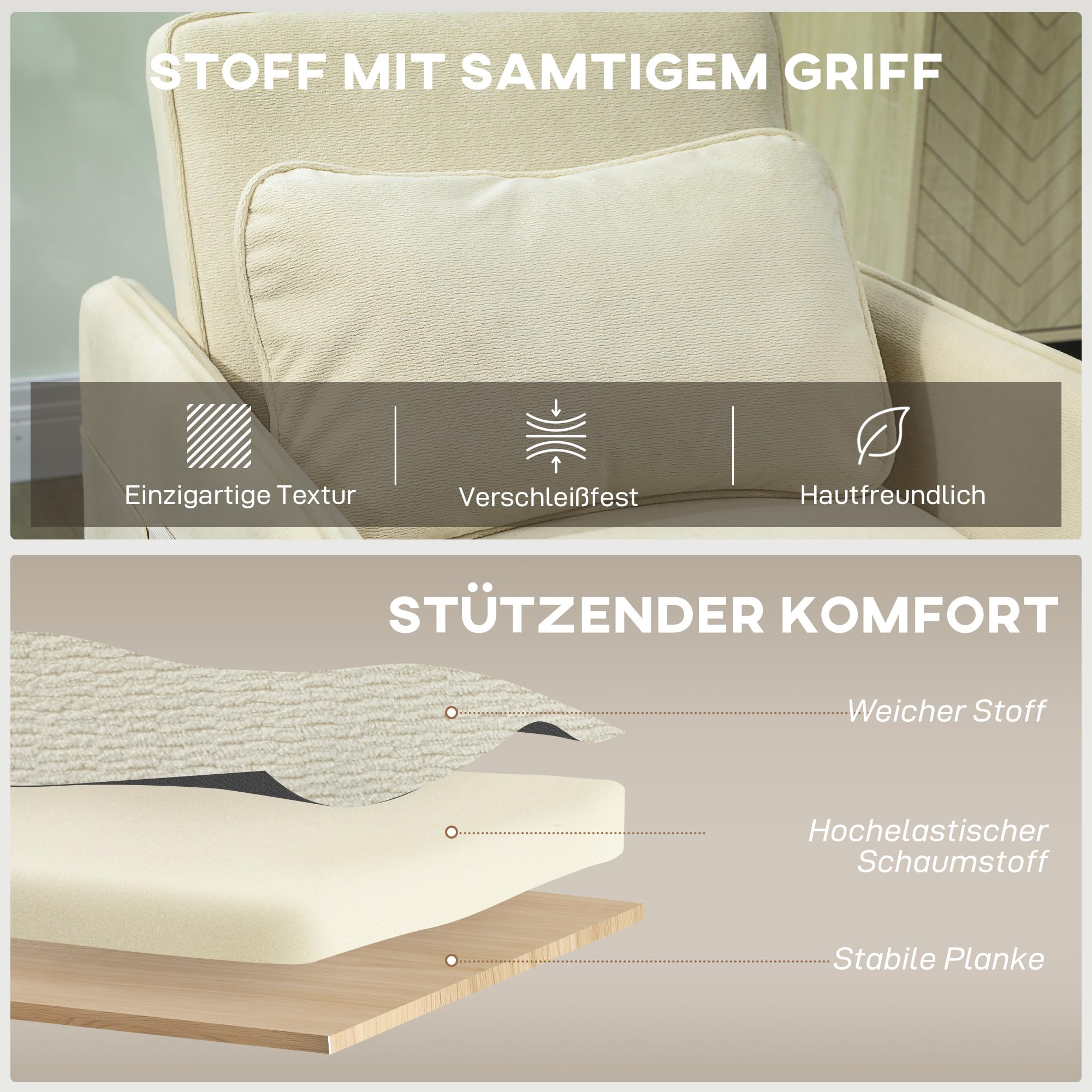 HOMCOM Fotel rozkładany 180x60cm 3 w 1 z funkcją łóżka, szerokie siedzisko, regulowane oparcie, poduszka lędźwiowa, sofa z kieszeniami bocznymi, aksamit kukurydziany do salonu, kolor beżowy
