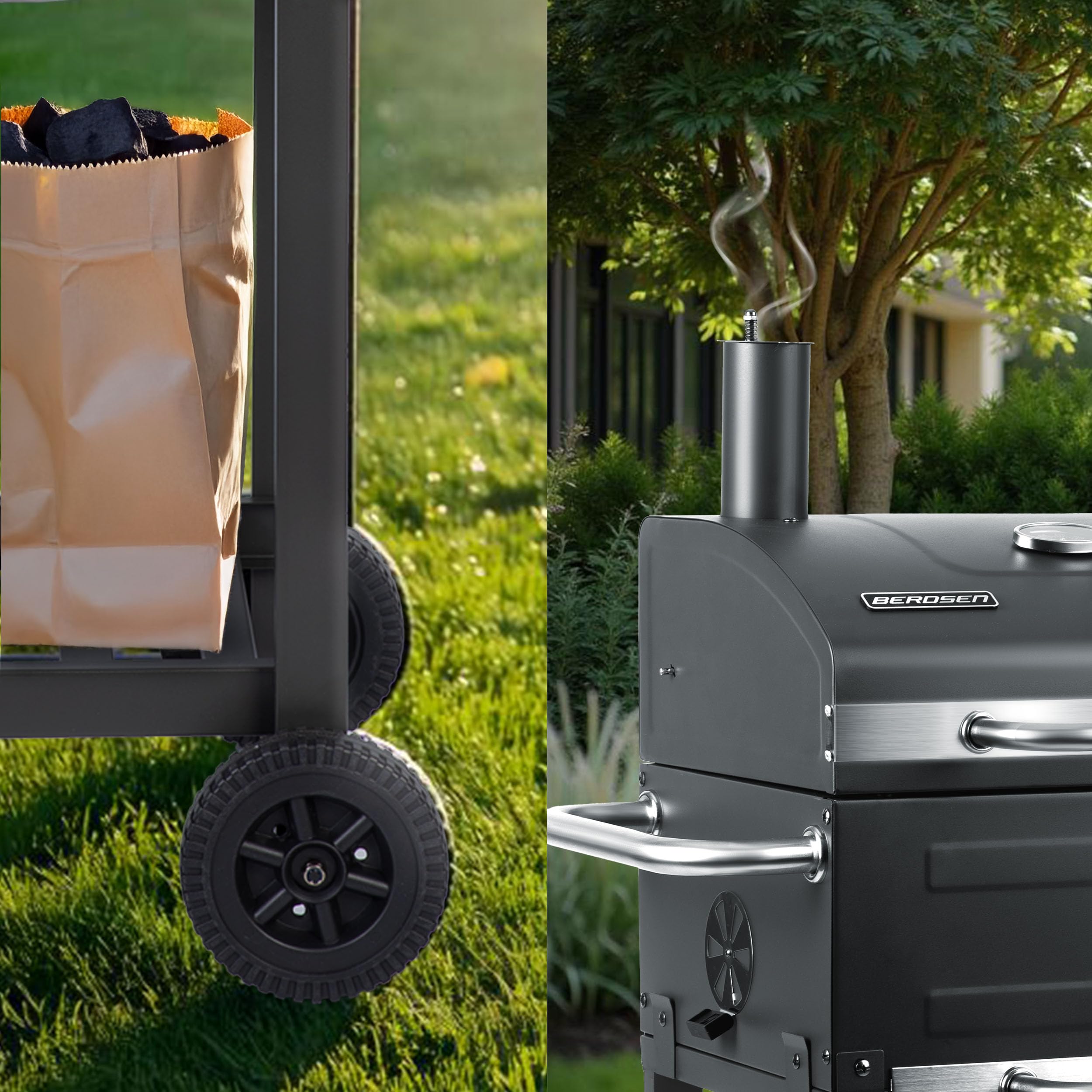 Berdsen BBQChef - Barbecue a carbonella con camino e griglia in ghisa, 40 x 31,5 cm, vassoio per carbone, termometro, portacenere e ripiano, griglia su ruote, antracite