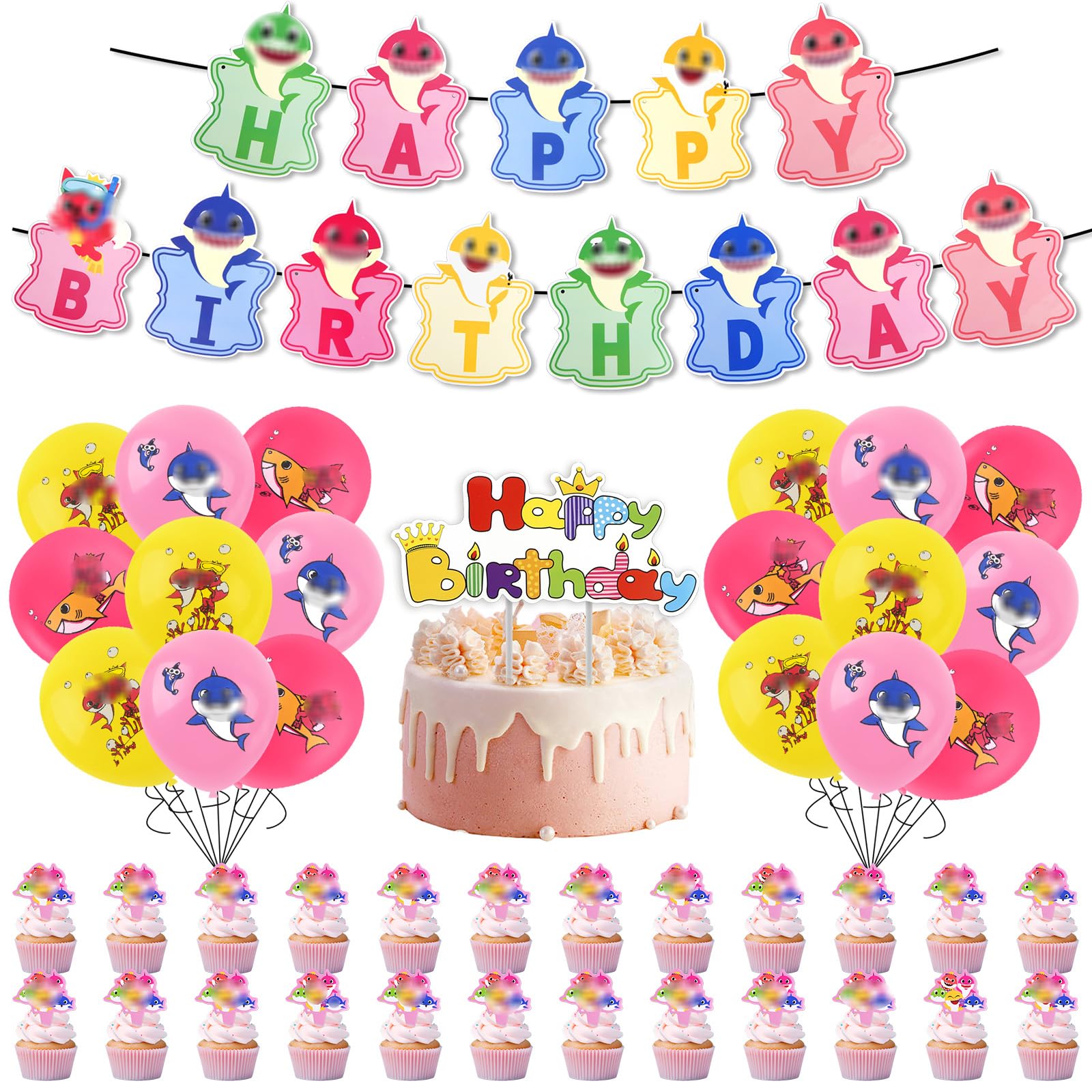 44PCS Shark Birthday Decorations, Balloons Cake Toppers with Happy Birthday Banner, Party Decorations for Kids Boys Girls