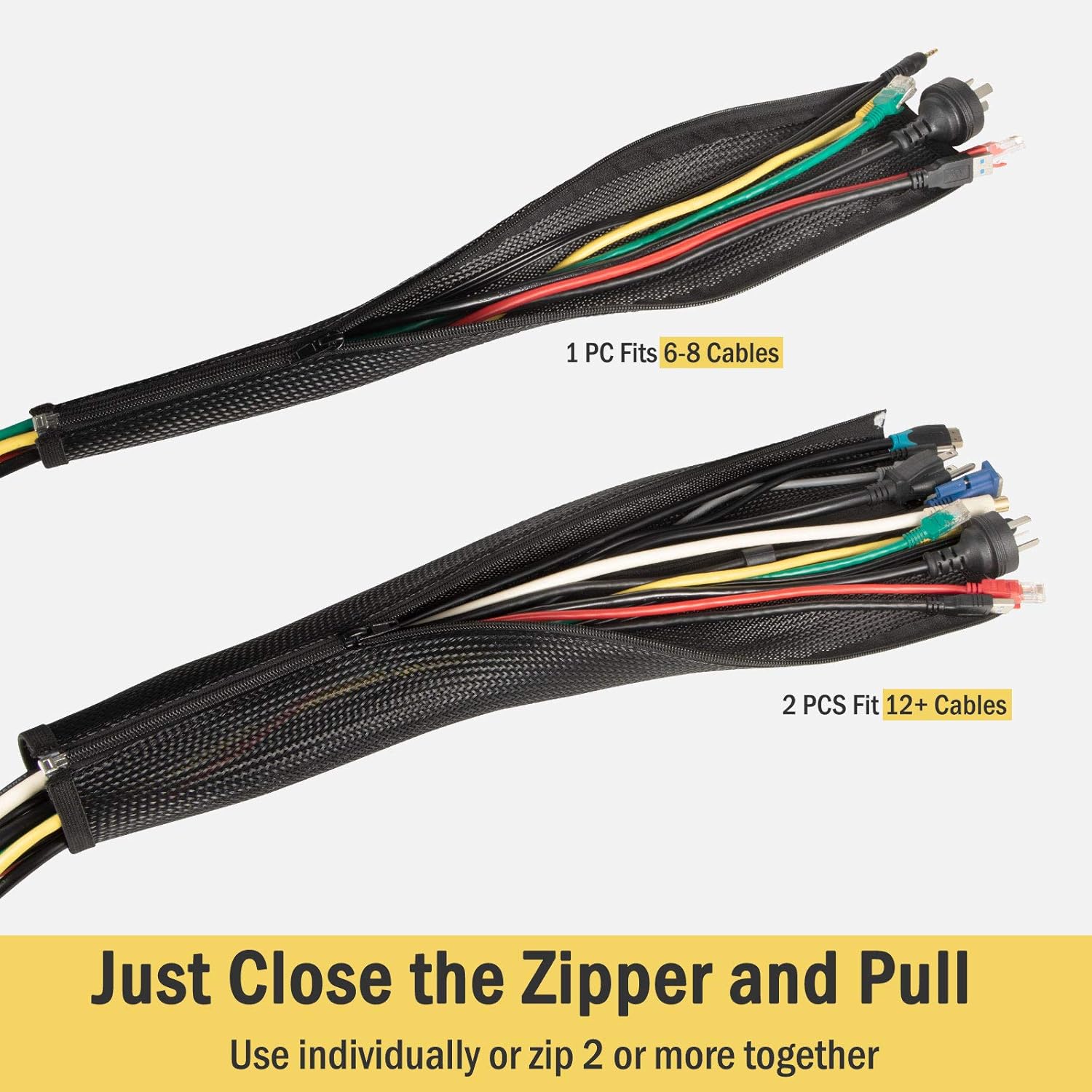 157" Cable Management Sleeves - Yecaye Cord Organizer Zipper Sleeves - Durable PET Wire Wrap Cover Cord Protectors - Flexible Cable Organizer Sleeves for TV Computer Office -Cord Management - 8 Pack : Electronics