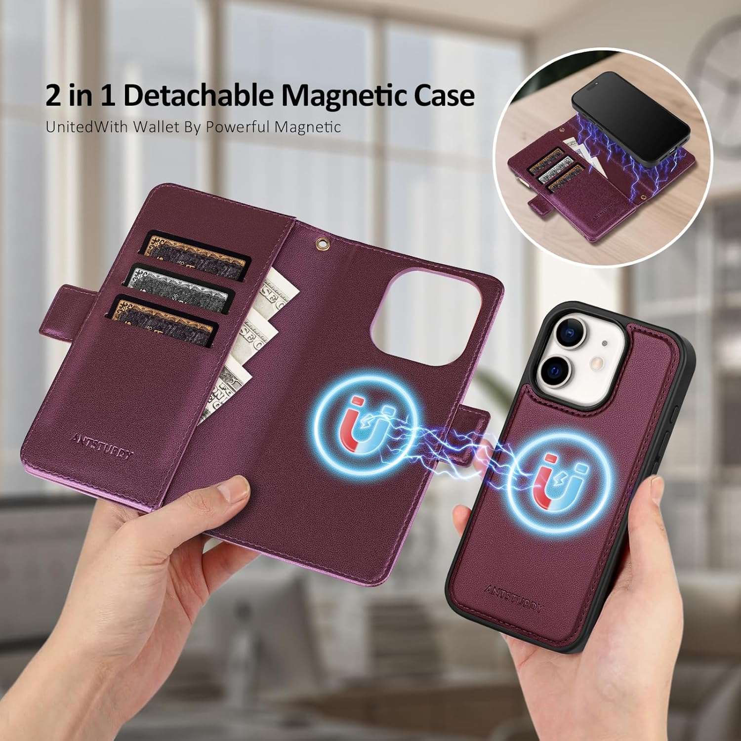 Antsturdy Compatible with Magsafe Magnetic 2 in 1 Detachable iPhone 11 Wallet Case with Credit Card Holder Slots,PU Leather Flip RFID Blocking Phone Cover Wrist Strap Zipper Women Men,Wine Red