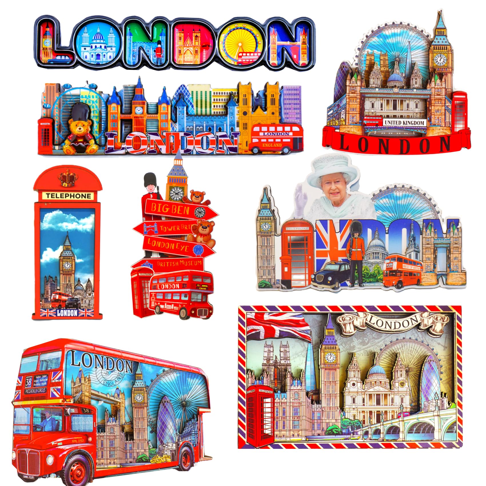 Famous London Icons Mix UK London Souvenir Set of 8 Wooden Fridge Magnets
