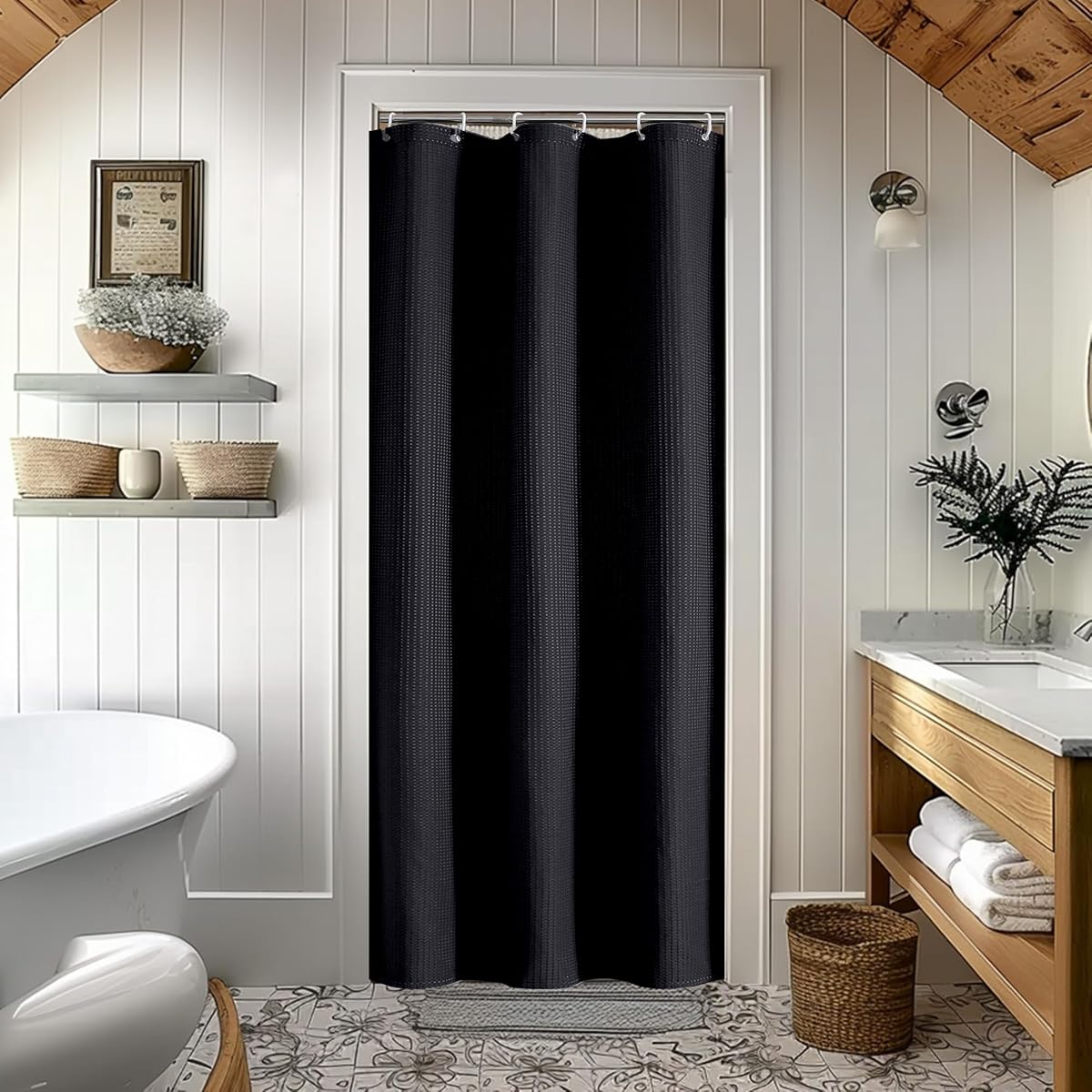 Stall Fabric Shower Curtain Set - 36x72, Waffle Weave 230GSM Heavy Duty Small Stall Shower Curtains for Narrow Stall Size, Machine Washable Bath Curtain with 12 Plastic Hooks, 36x72 Inch, Black