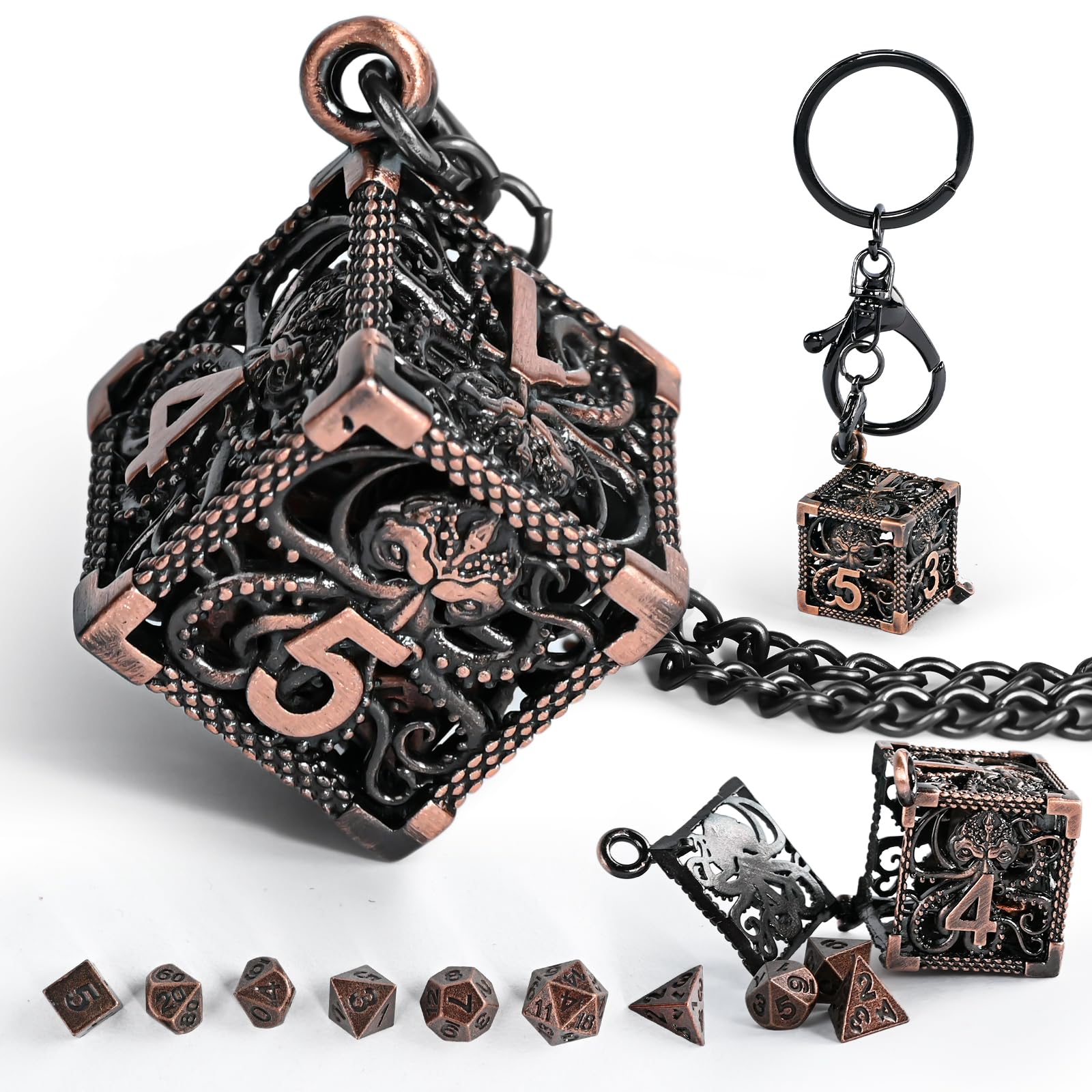 Mini DND Dice Set with 3D Octopus Shell and Necklace, 3PCS Polyhedral Metal Dice Set Perfect for MTG, RPG, Board Games Accessory (ZY02-Red Copper)