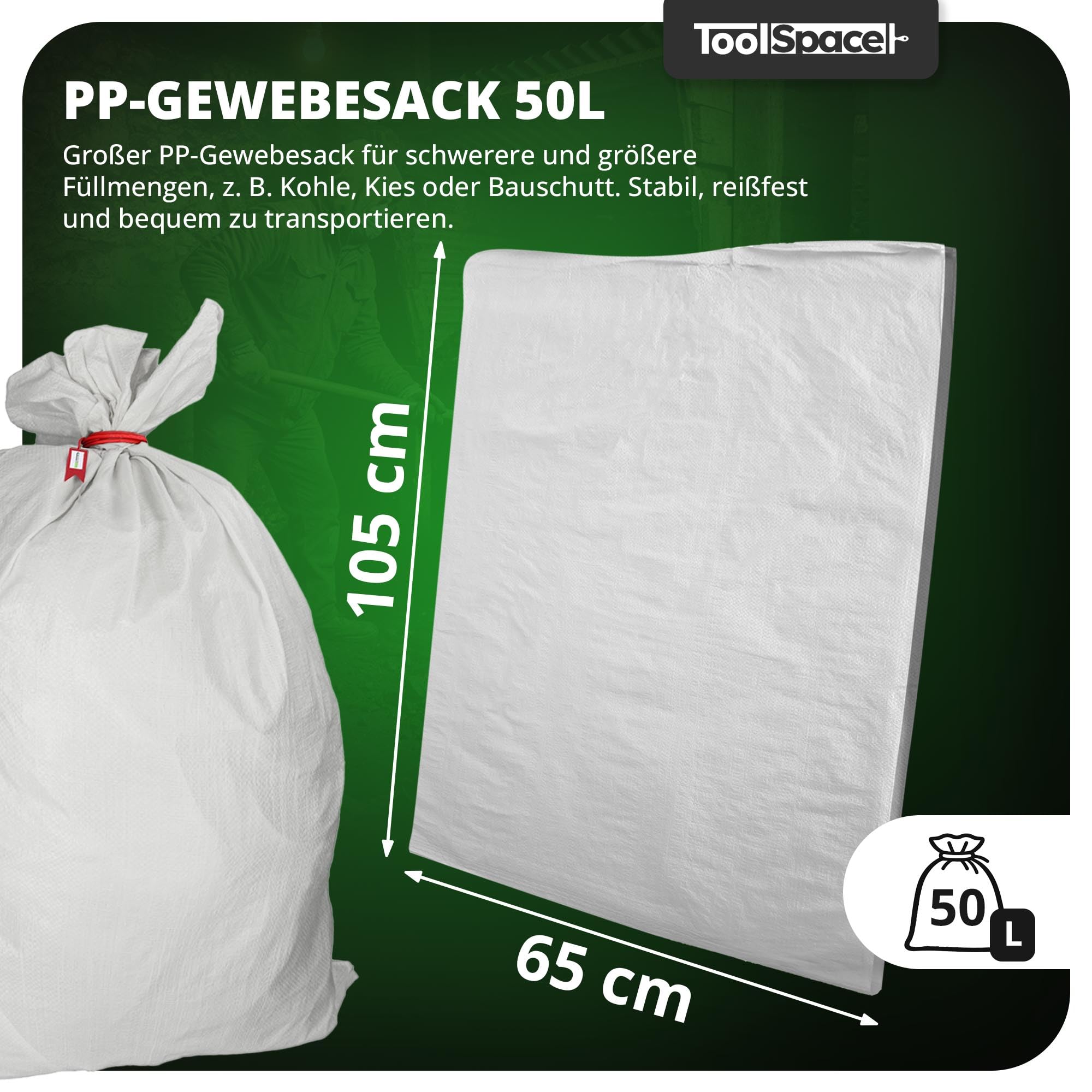 ToolSpace Gewebesack Bauschuttsäcke 20x Getreidesäcke 50kg Säcke 105x65 cm aus robustem Polypropylen Ideal als Sandsäcke Schwergutsäcke Abfallsäcke PP-Gewebesäcke als Kohlensack reißfest Transportsack