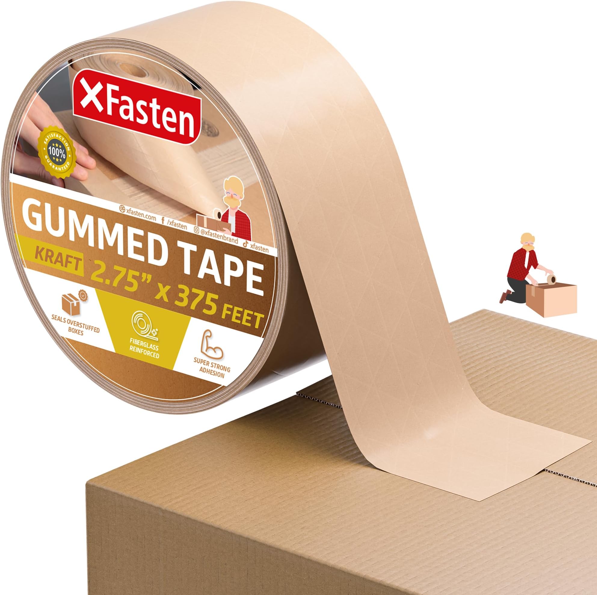 XFasten Brown Paper Packing Tape - 2.75-Inch x 375-Feet, Water Activated, Reinforced for Moving & Packing Boxes