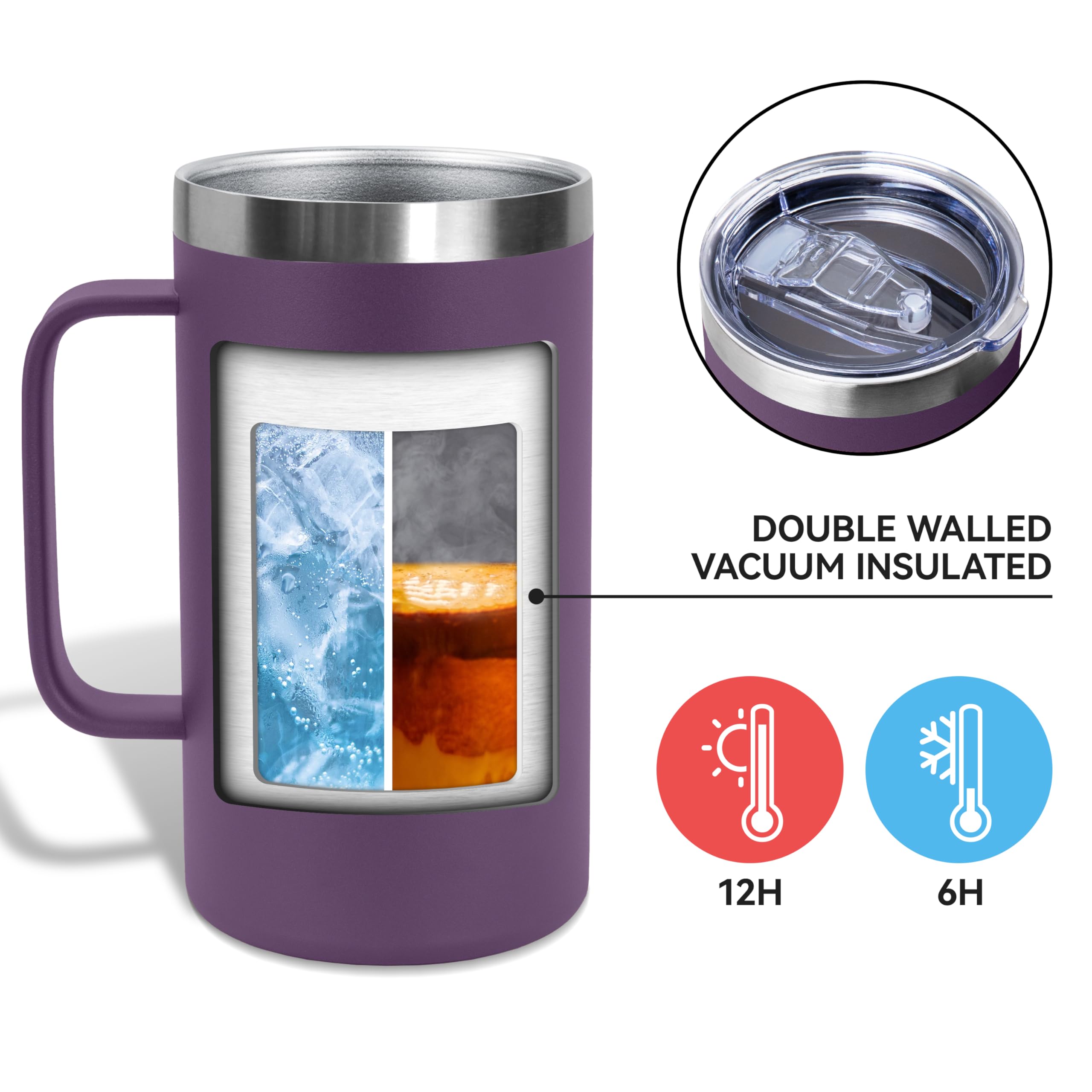 DOMICARE Taza de café de acero inoxidable de 24 onzas con asa y tapa, taza de viaje con asa, vaso de café al vacío de doble pared, taza aislada reutilizable, morado oscuro, paquete de 8