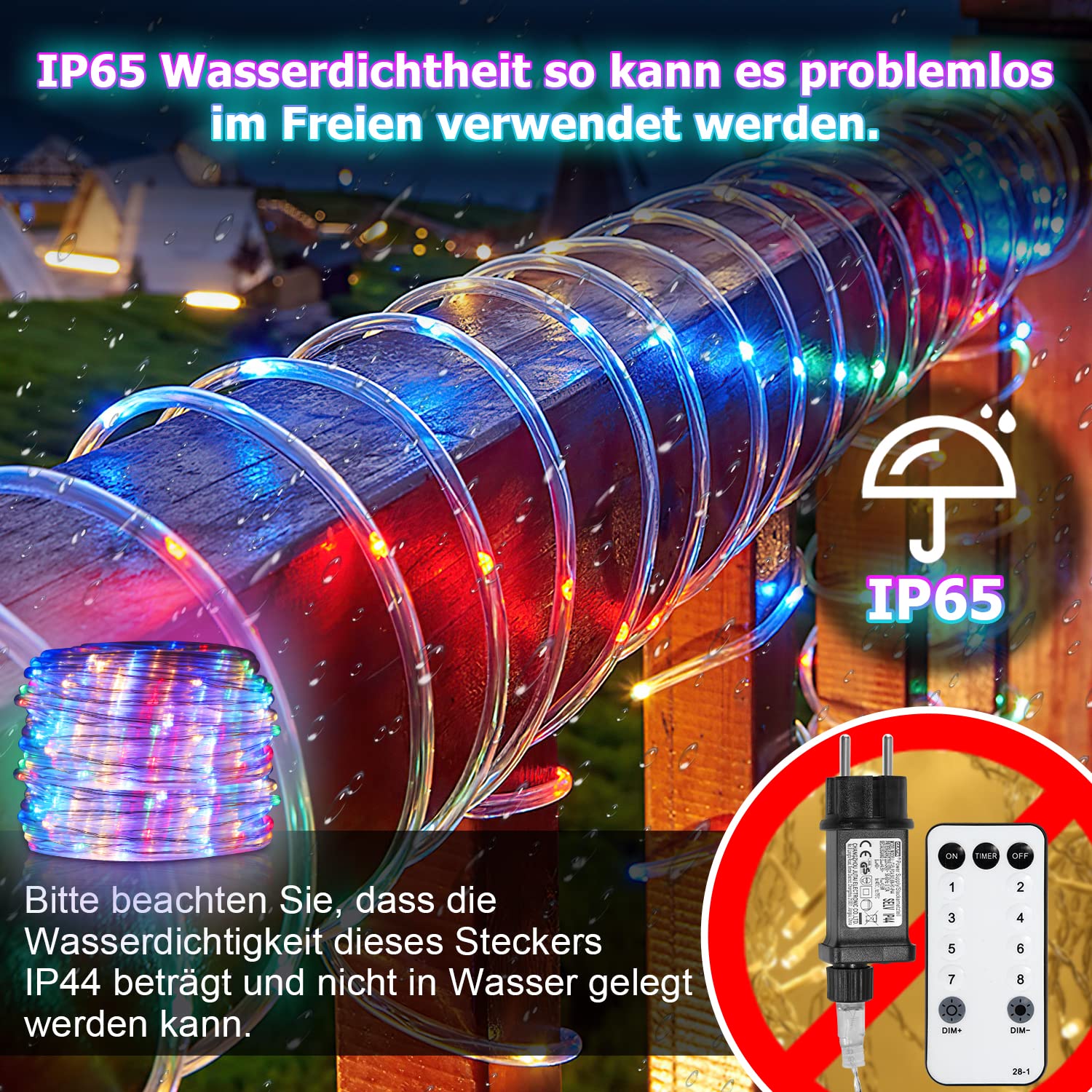 Jopassy 30M Tubo LED 220V Navidad IP65 Impermeable Luces Exterior Manguera 8 Modos Controlador Colorido