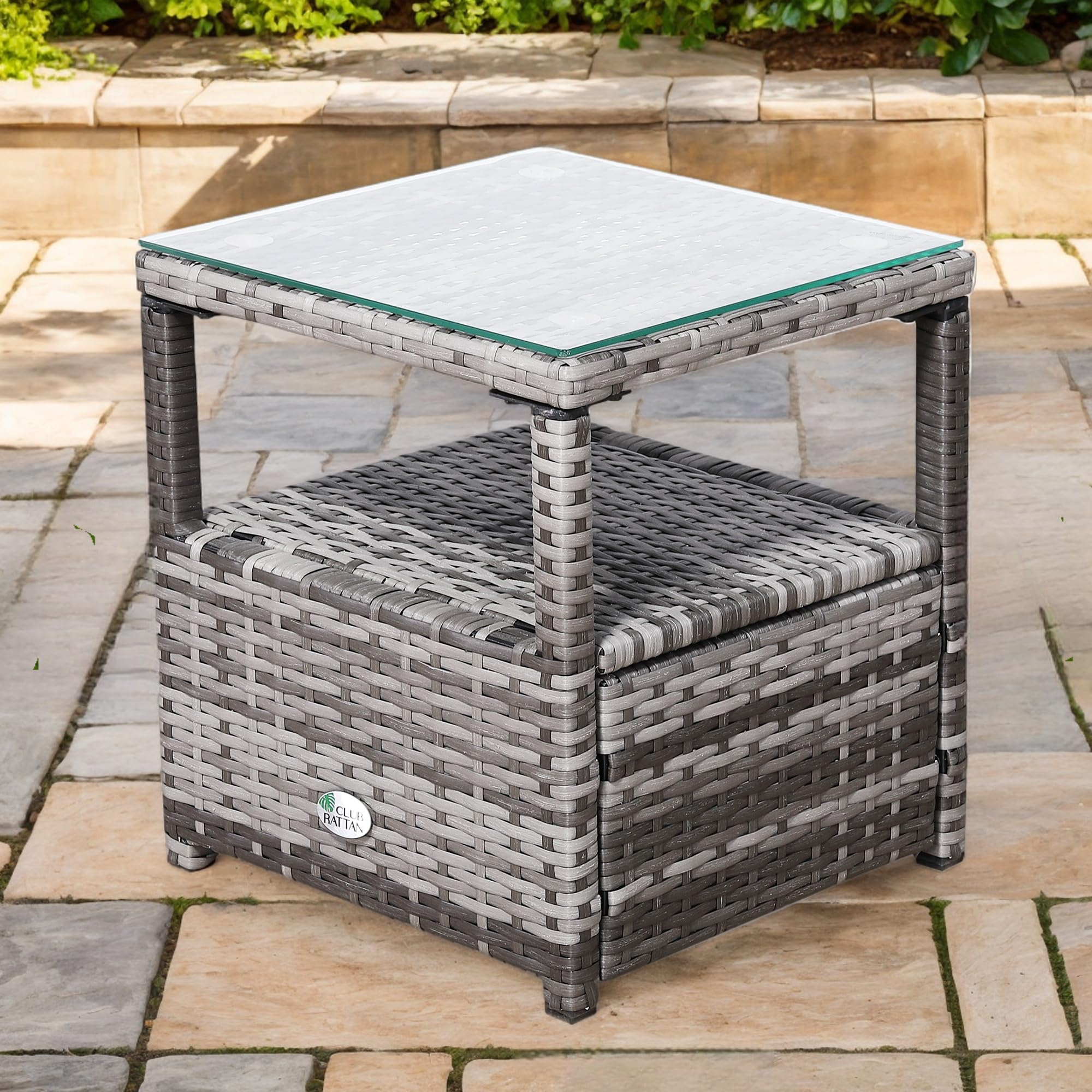 Club Rattan Outdoor Rattan Coffee Table, Side Table with Glass Top, Wicker Weave Side Table,All-Weather Wicker Bistro Outdoor Furniture for Patio, Balcony, Porc (Grey, 40 * 40 * 44)