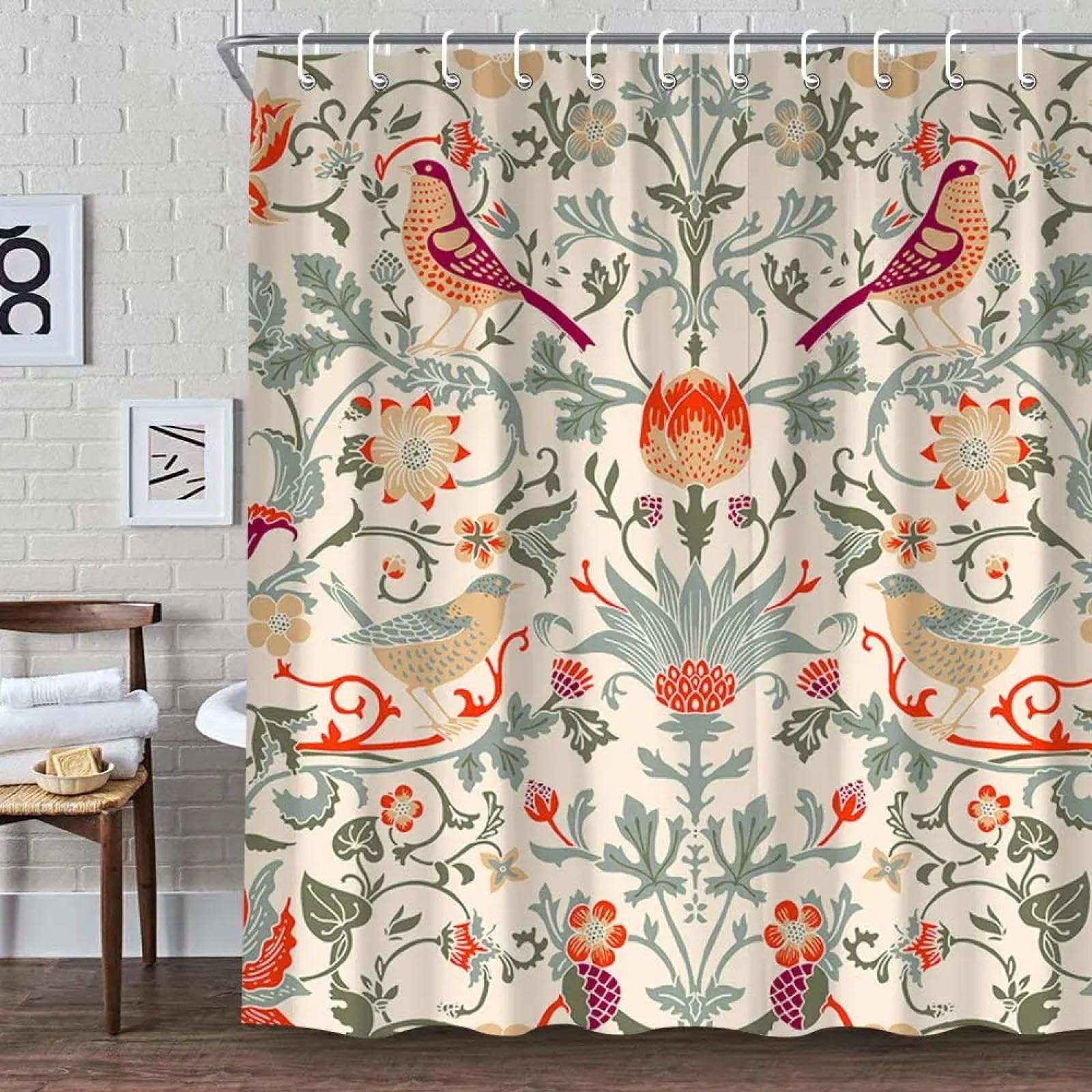 Rideau de douche imperméable et lavable vert, motif William Morris en tissu lourd 91x213