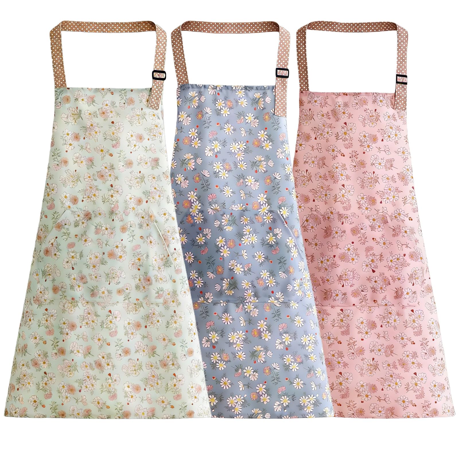 Richaa 3Pcs Kitchen Flower Aprons for Women, Adjustable Vintage Canvas Cooking Aprons with Big Pocket, Ladies Chef Bakers Gardening Arting Painting Apron Mother’s Day Valentine’s Day Gift