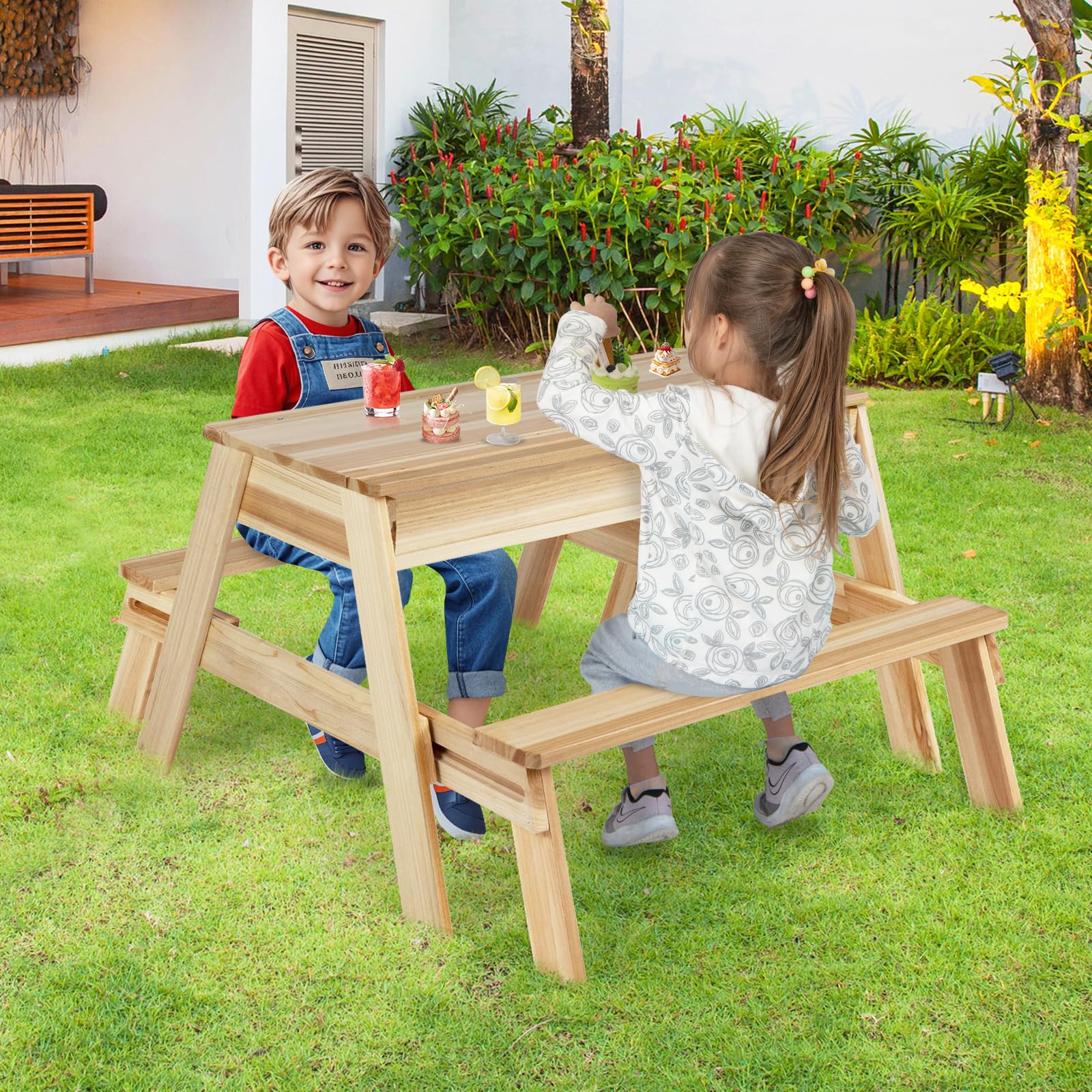 COSTWAY Arenero Infantil, Juego 4 en 1 con Mesa y Bancos de Madera con Tapa Extraíble y 2 Cajas de Almacenaje, Mesita de Actividades de Arena y Agua, Mobiliario de Exterior para Jardín, Patio