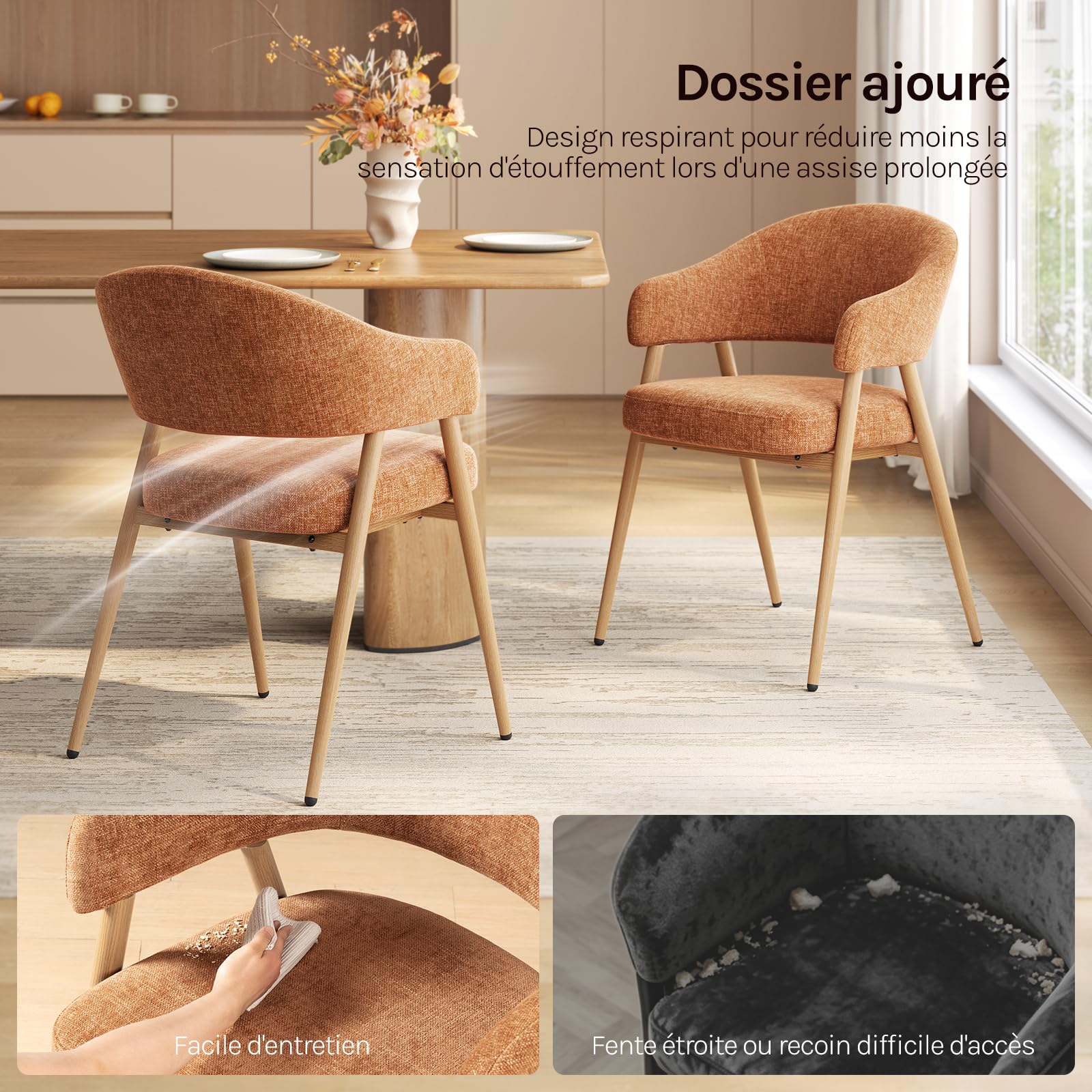WOLTU Lot de 4 Chaises de Salle à Manger,Accoudoirs Incurvés,Orange