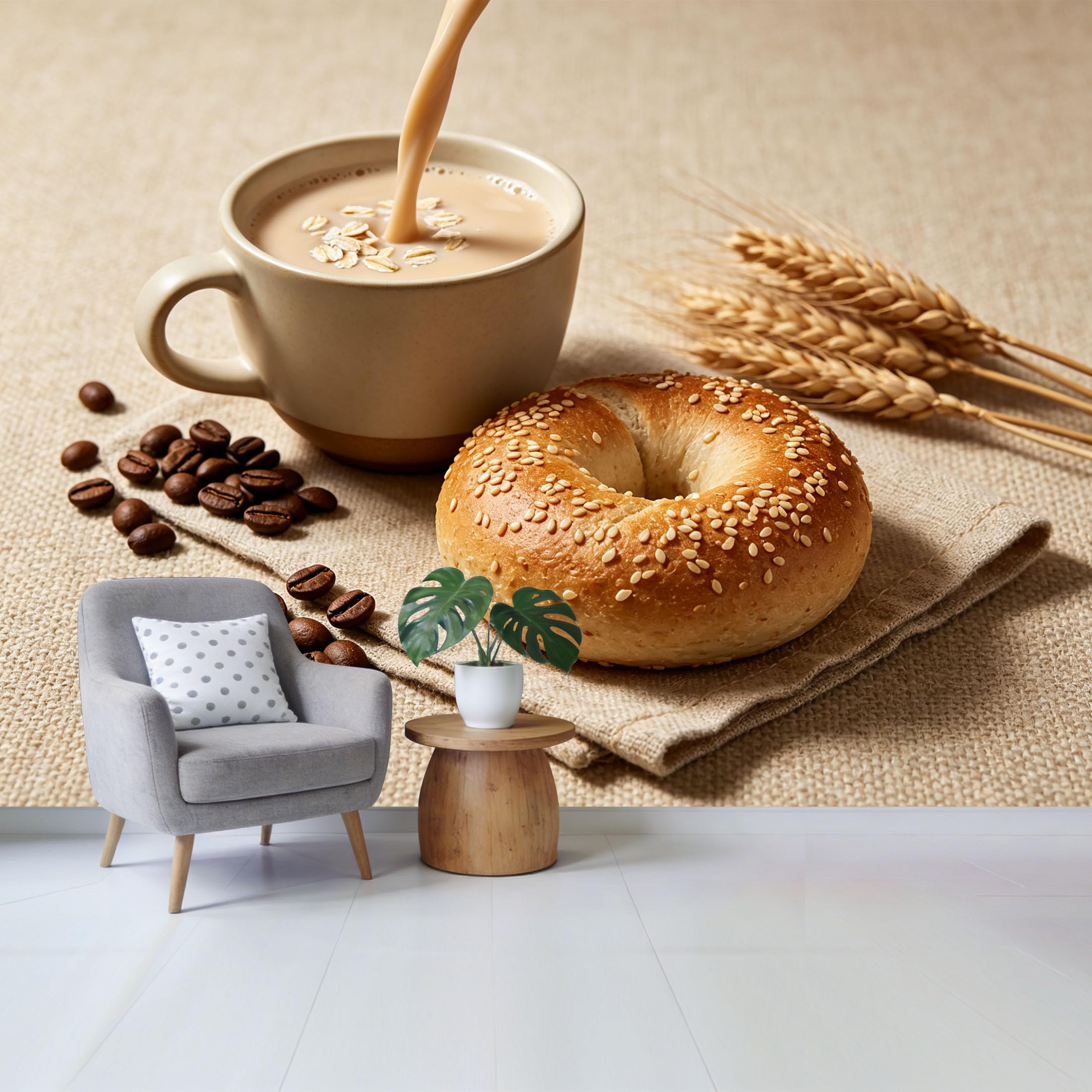 Qzlithotic Yq2605250969 Custom Size Wall Mural Morning Coffee Pouring Oat Milk Sesame Bagel Wheat Textured Still Life Selfadhesive Wall Fabric Removable Wallpaper For Home Office Decor