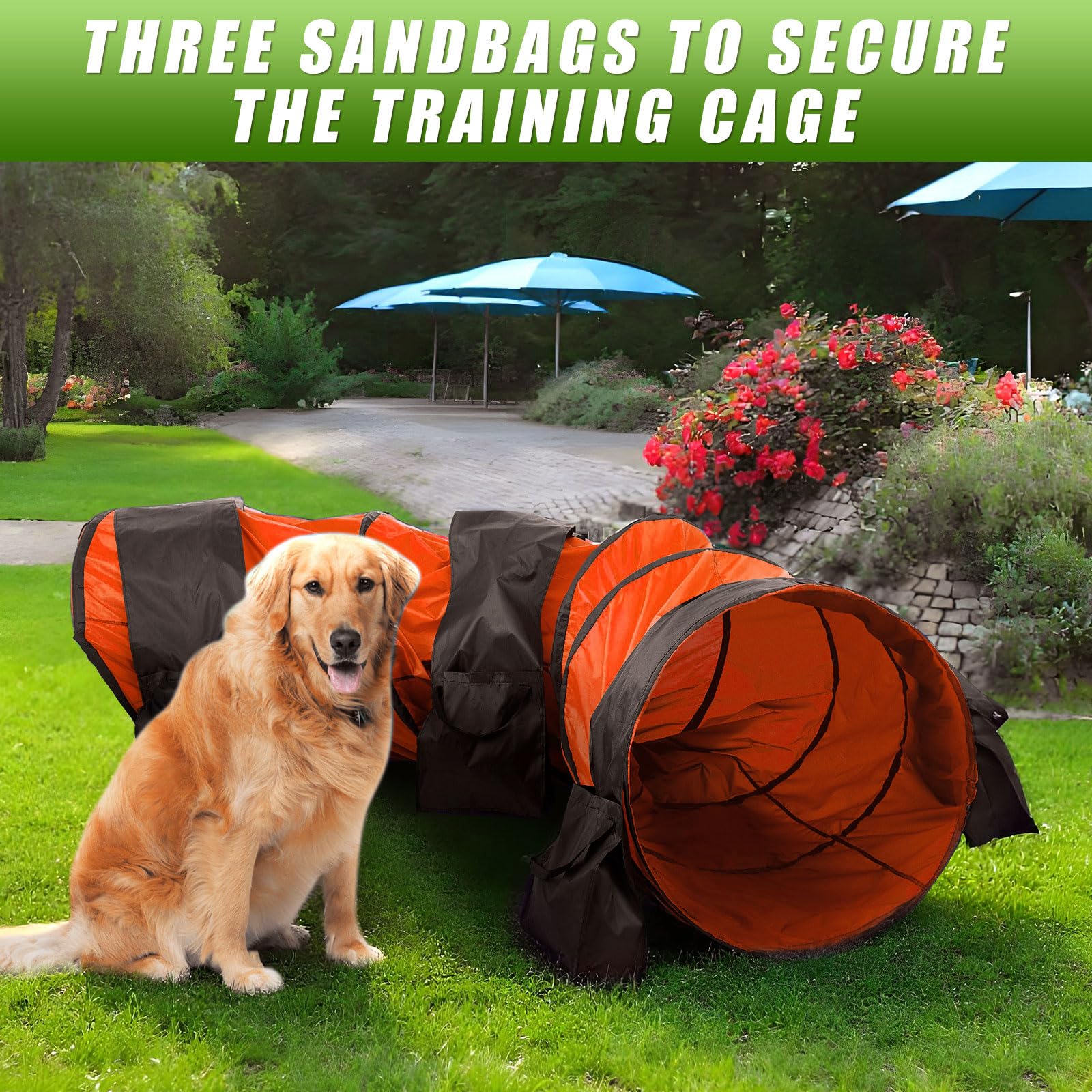 28 in 10 Foot Orange Extra Large Dog Agility Tunnel with Sandbags Dogs Agility Training Equipment Tunnel with 3 Pack Sandbags Carry Bag and 4 Ground Spikes for All Medium and Large Dogs - image 7