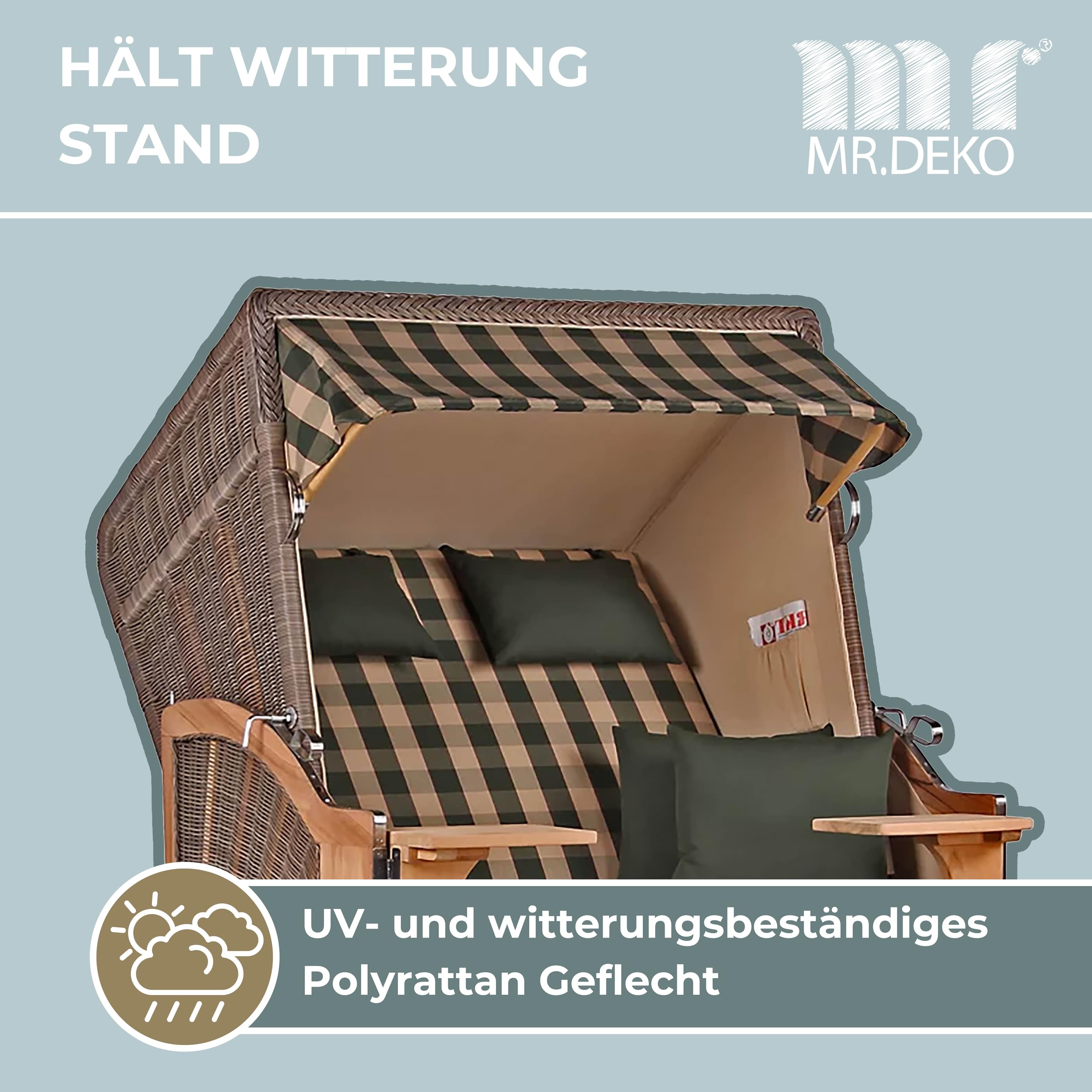 MR. DEKO® Strandkorb Seeblick 2-Sitzer Teakholz | PE Geflecht Grey | Volllieger verstellbar mit Fußablage | inkl. 4 Kissen + Wechselpolster | Strandkörbe Teak fertig montiert Strandstuhl (Dessin 506)