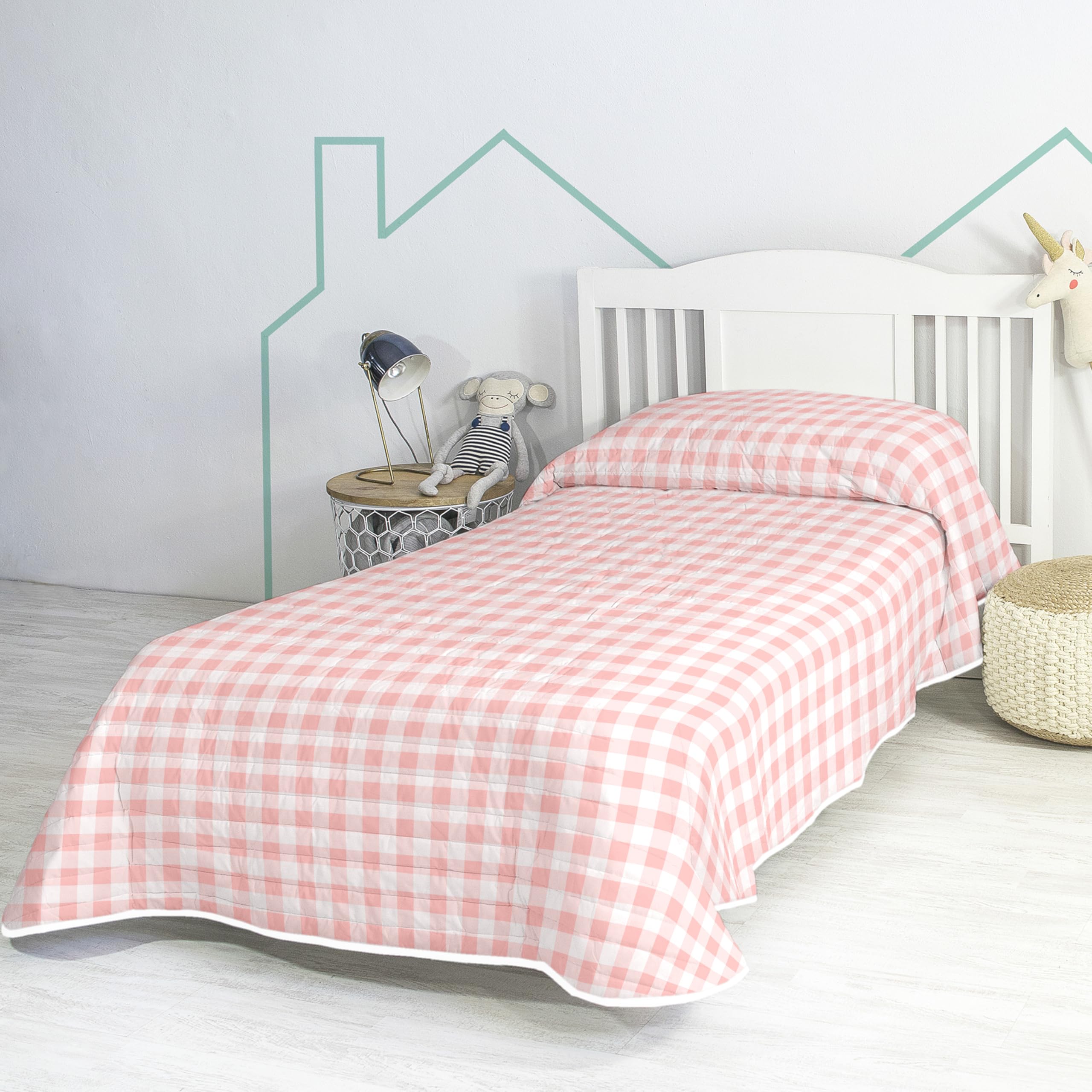 Colcha Vichy rose 180x260 cm : la solution anti-plis pour lit 80/90/105