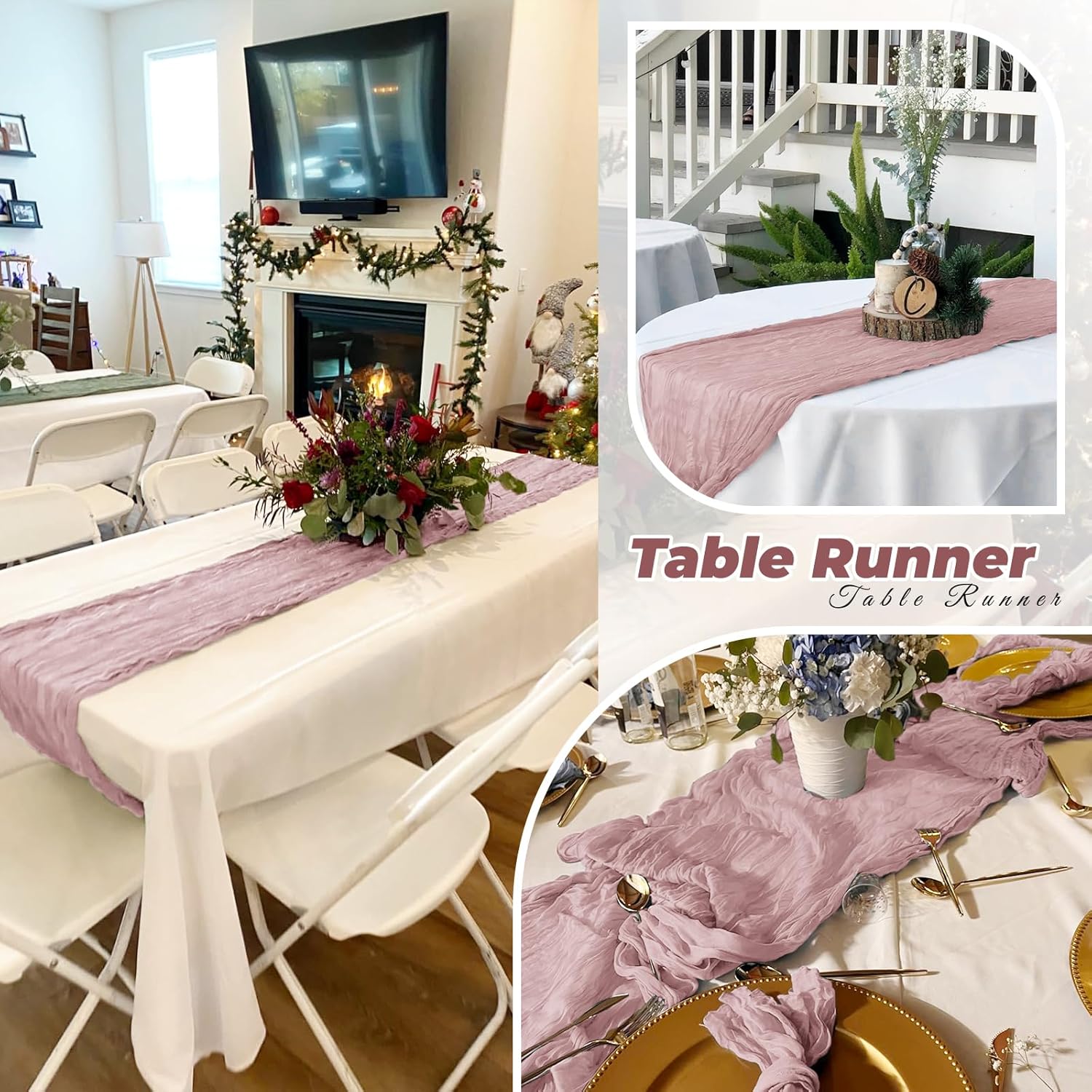 12 Pack Dusty Pink Cheesecloth Table Runner 20 x 120 Inch Gauze Table Runner Fabric Semi Sheer Cheese Cloth Table Decor Bulk for Rustic Romantic Wedding Baby Shower Party Table Decoration