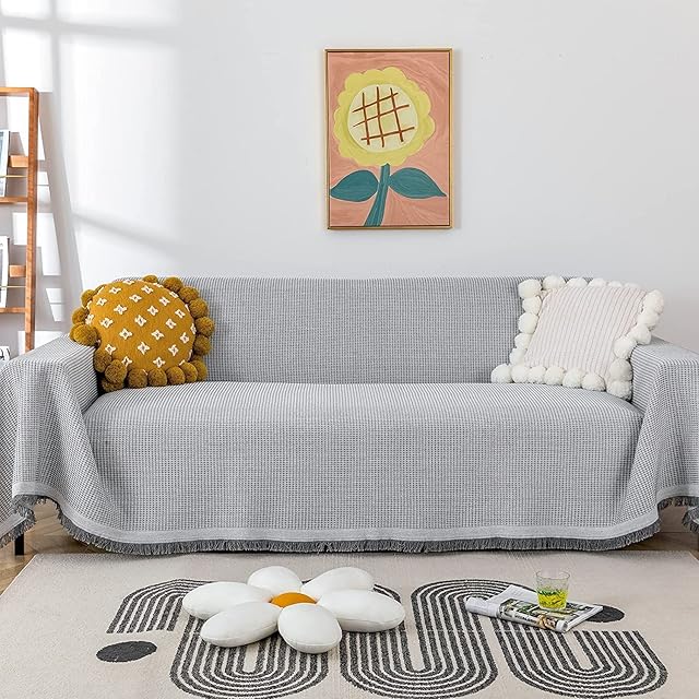 VANJOROY Waffle Large Grey Sofa Throw Blanket With Tassels For 2 3 Seater, 100% Handwoven Cotton Knitted Armchair Throw for Couch, Sofa and Bed (180×230cm (71×91In))