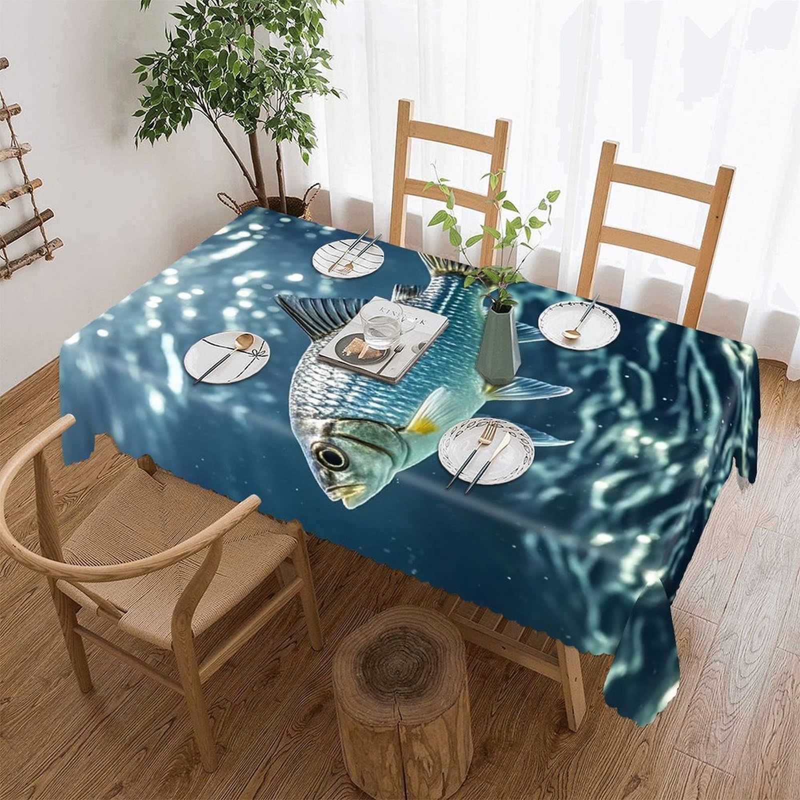 LZQPOEAS Swimming Fish Tablecloth Rectangle Table Cloth Decorative Fabric Table Cover Waterproof Seasonal Table Cover Wrinkle Resistant Washable Table Cloth for Party Picnic Dinner Decor 60"x86"