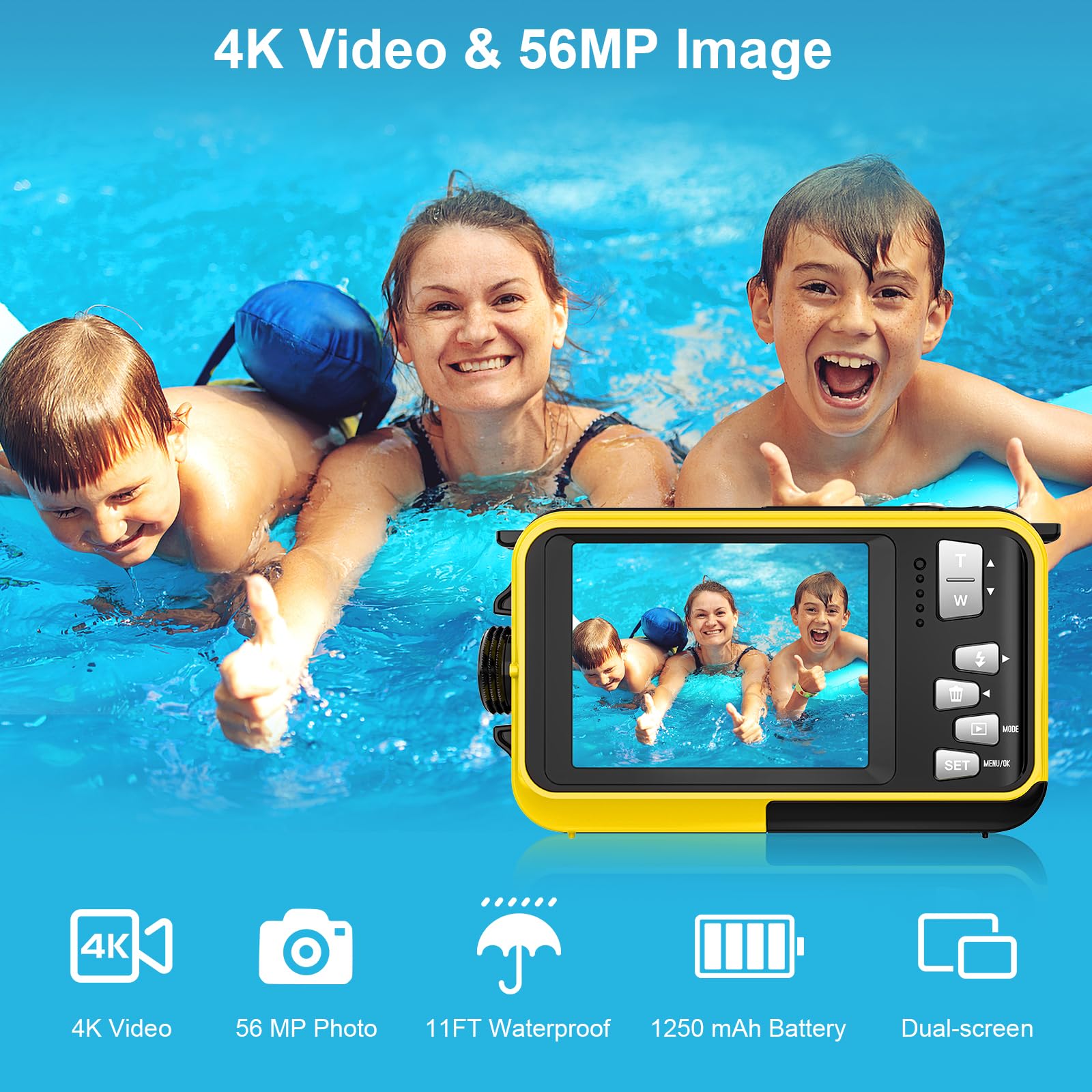 Digitalkamera, YISENCE Unterwasserkamera UHD 4K 56MP Autofocus Digitalkamera wasserdichte mit Einer 32GB Karte Selfie Doppelte Bildschirme wasserdichte Kamera zum Schnorcheln