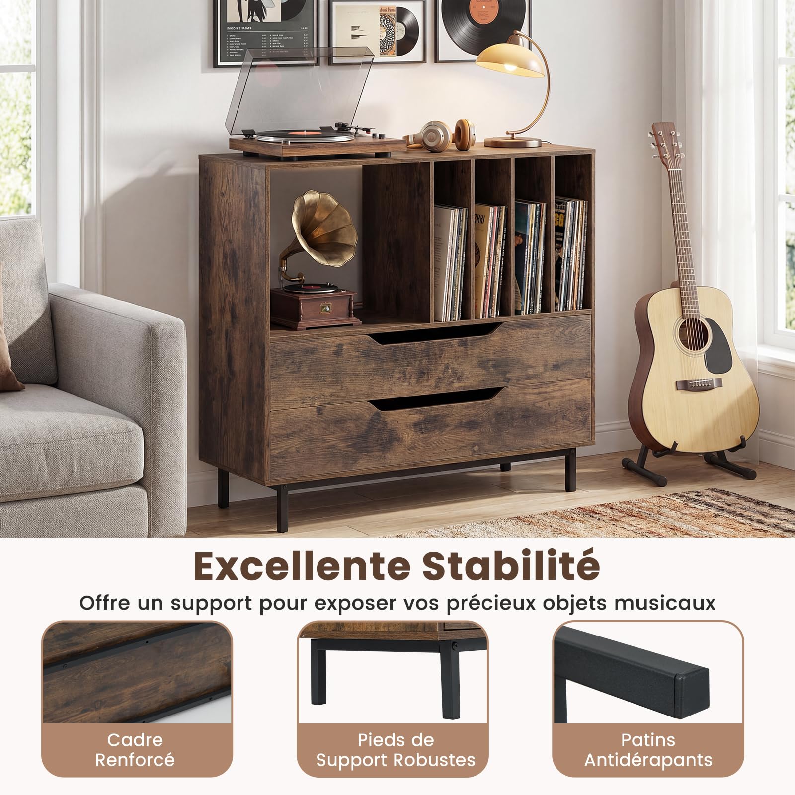 GOPLUS Meuble Platine Vinyle 4 Niveaux pour 300 Albums Disques, 91 x 36 x 87 CM, Support Tourne Disque Vinyle avec 2 Tiroirs, Compartiment Ouvert, Cadre Métal, Idéal pour Chambre, Salon, Studio (Café)