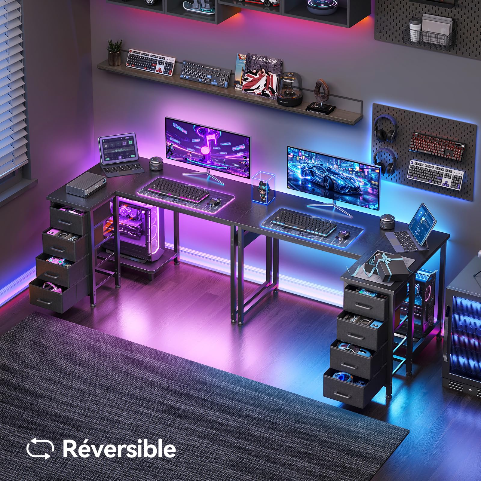 Coleshome Bureau d'angle avec 4 tiroirs, 100x70cm Bureau Gaming, Table Gaming réversibles pour Le Travail à Domicile, Noir