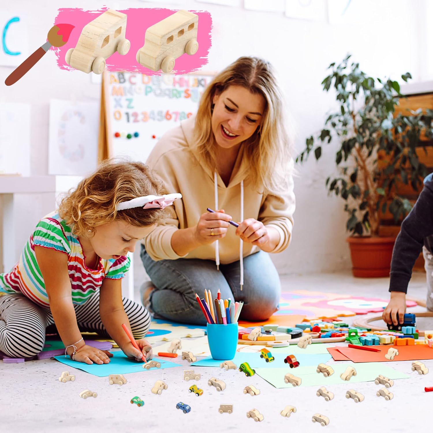40 Pack Unfinished Wooden Cars Paintable Wooden Craft Cars Wood DIY Car Toys for Kids School Home Activities Family Time DIY Handicraft Projects, 20 Styles