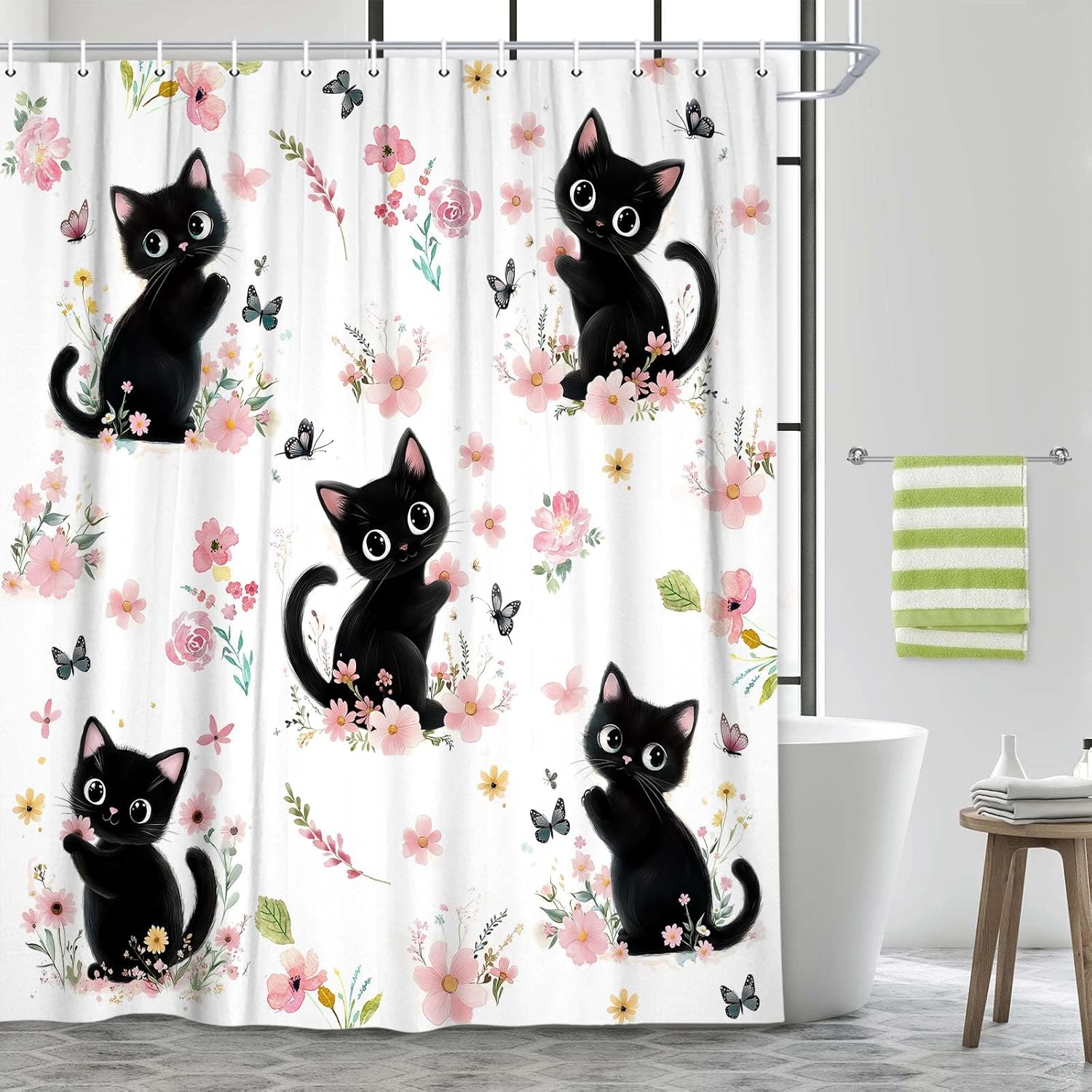 DYNH Cute Black Cat Shower Curtain,Funny Animal Cartoon Cat Pink Red Floral Bathtub Curtains,Modern Aesthetic Retro Rustic Bathroom Decor for Girls Women,70X75 in