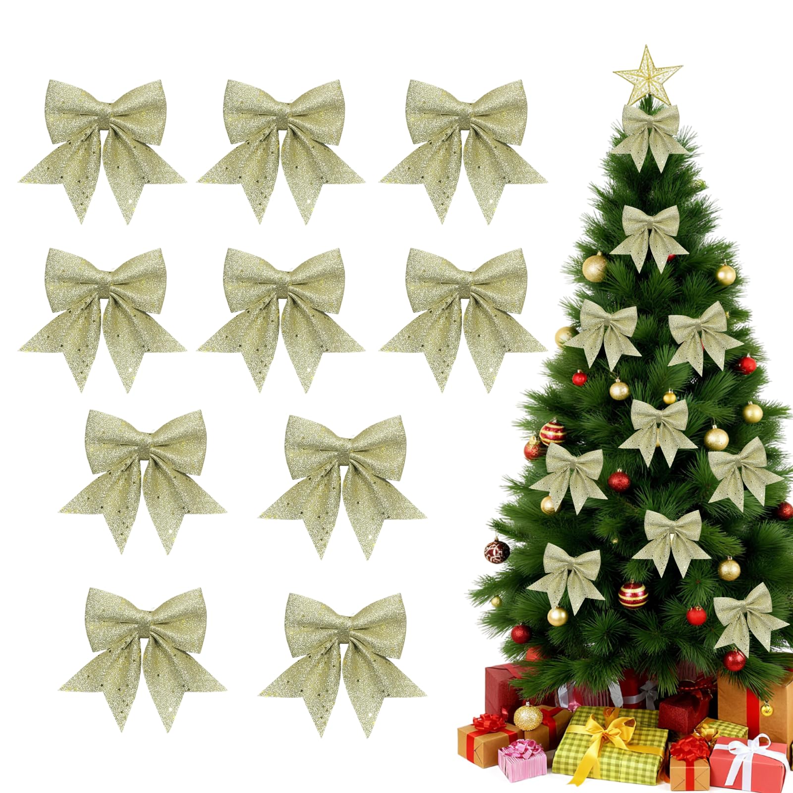 ACTOYS Fiocchi per Albero di Natale, 10 Pezzi Fiocchi Natalizi Glitterati, Fiocco Regalo, Fiocchetti Paillettes, Decorazioni Albero di Natale, Decorazione di Confezioni Regalo