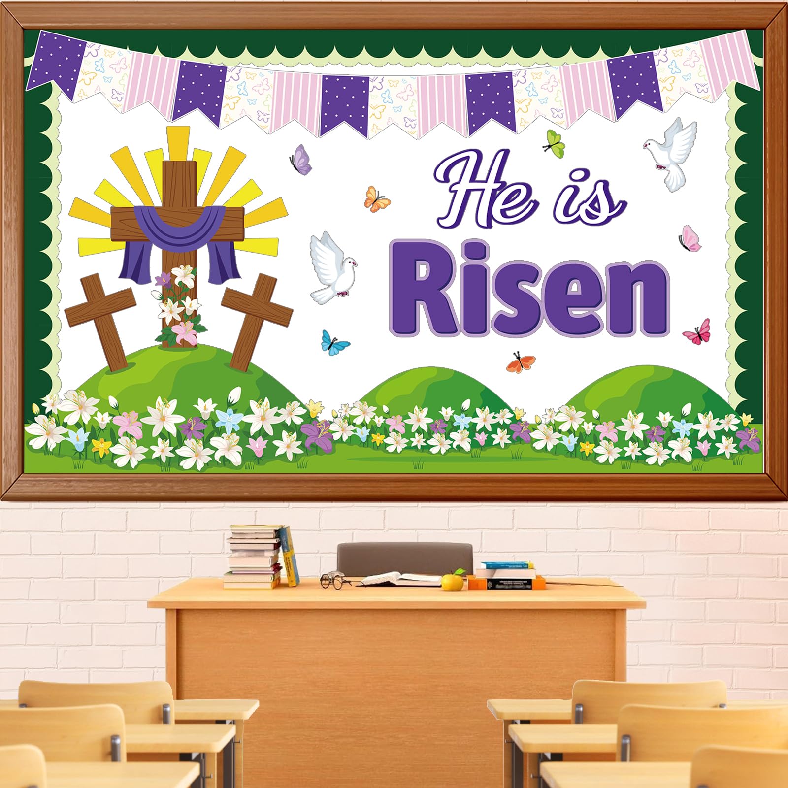 Easter Spring Bulletin Board Decorations Set, He is Risen Floral Cross Classroom Decoration Butterflies Lily Cutouts Christian Jesus Library Sunday