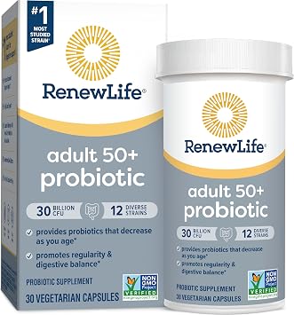 Renew Life Probiotic Adult 50 Plus Probiotic Capsules, Daily Supplement Supports Urinary, Digestive and Immune Health, L. Rhamnosus GG, Dairy, Soy and gluten-free, 30 Billion CFU, 30 Count