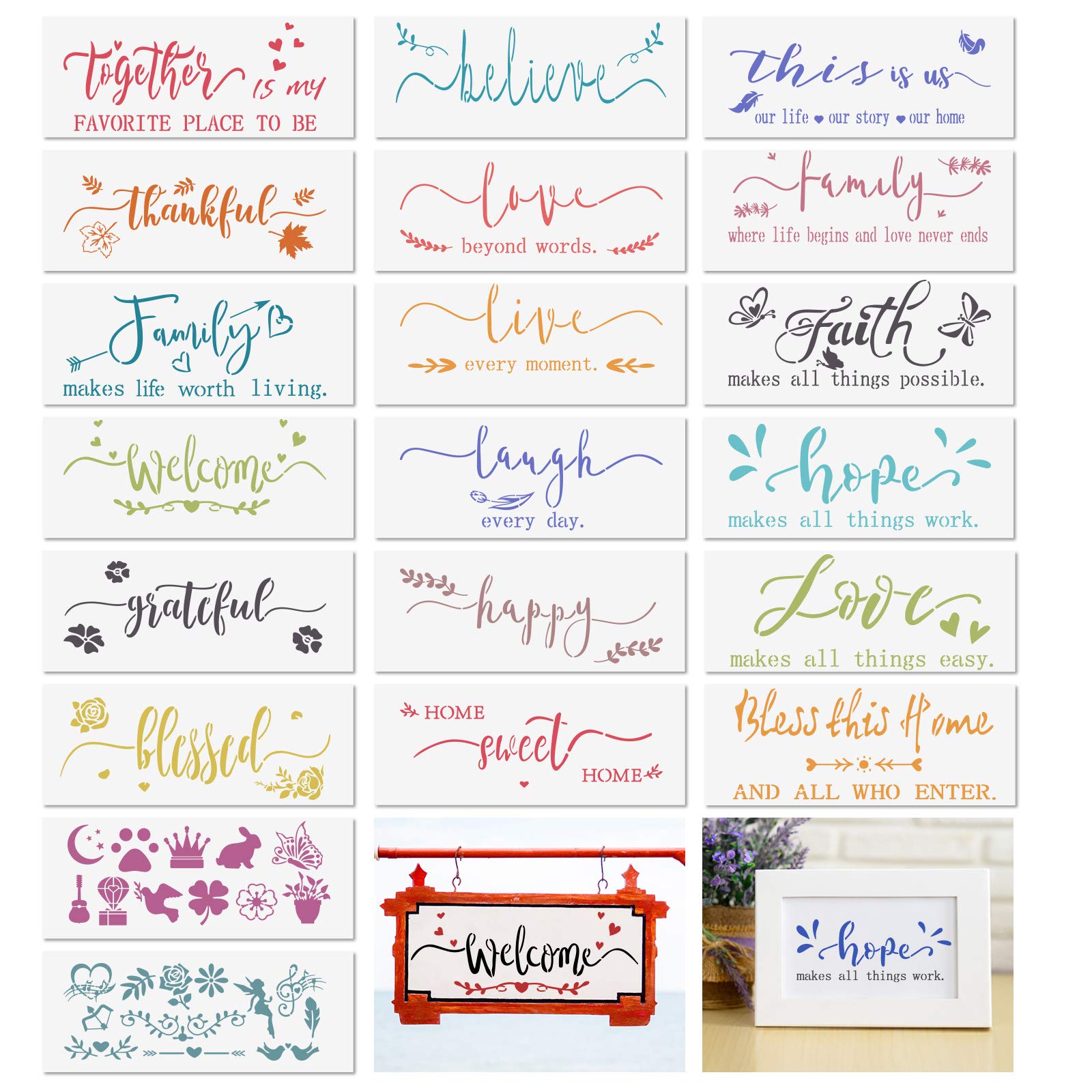 20 Pcs Large Word Stencils for Painting on Wood, Inspirational Quote Template Grateful Believe Faith Live Laugh Home Sign Reusable Stencils for Creating Painting Beautiful Wood Furniture Wall Canvas