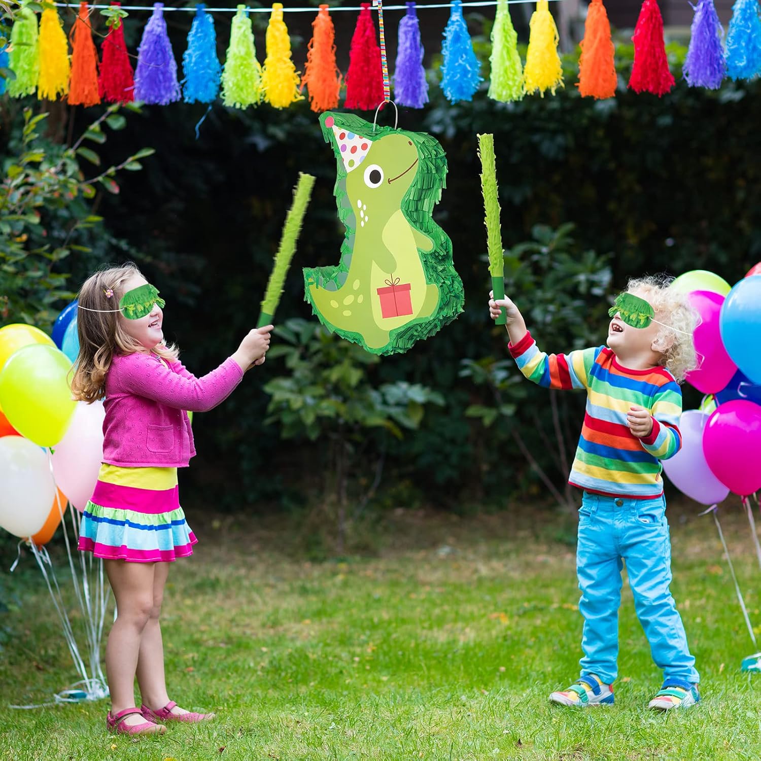 Dinosaur Piñata with a Blindfold and Stick Cute Large Dino Piñata for Easter Mexican Fiesta Birthday Decorations Animal Dinosaur Themed Party Favors (Green)