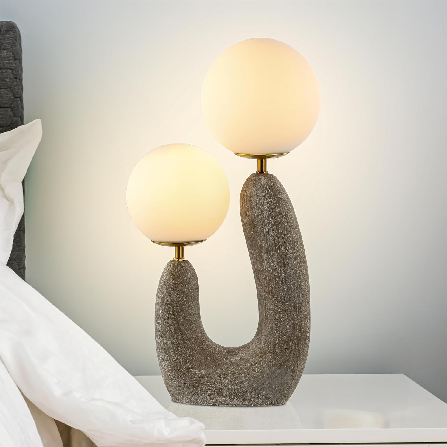 Eyely EYL4064A Nadine 18" 2-Light Mid-Century Scandinavian Resin/Iron/Frosted Glass Cactus LED Table Lamp, Gray Wood Finish
