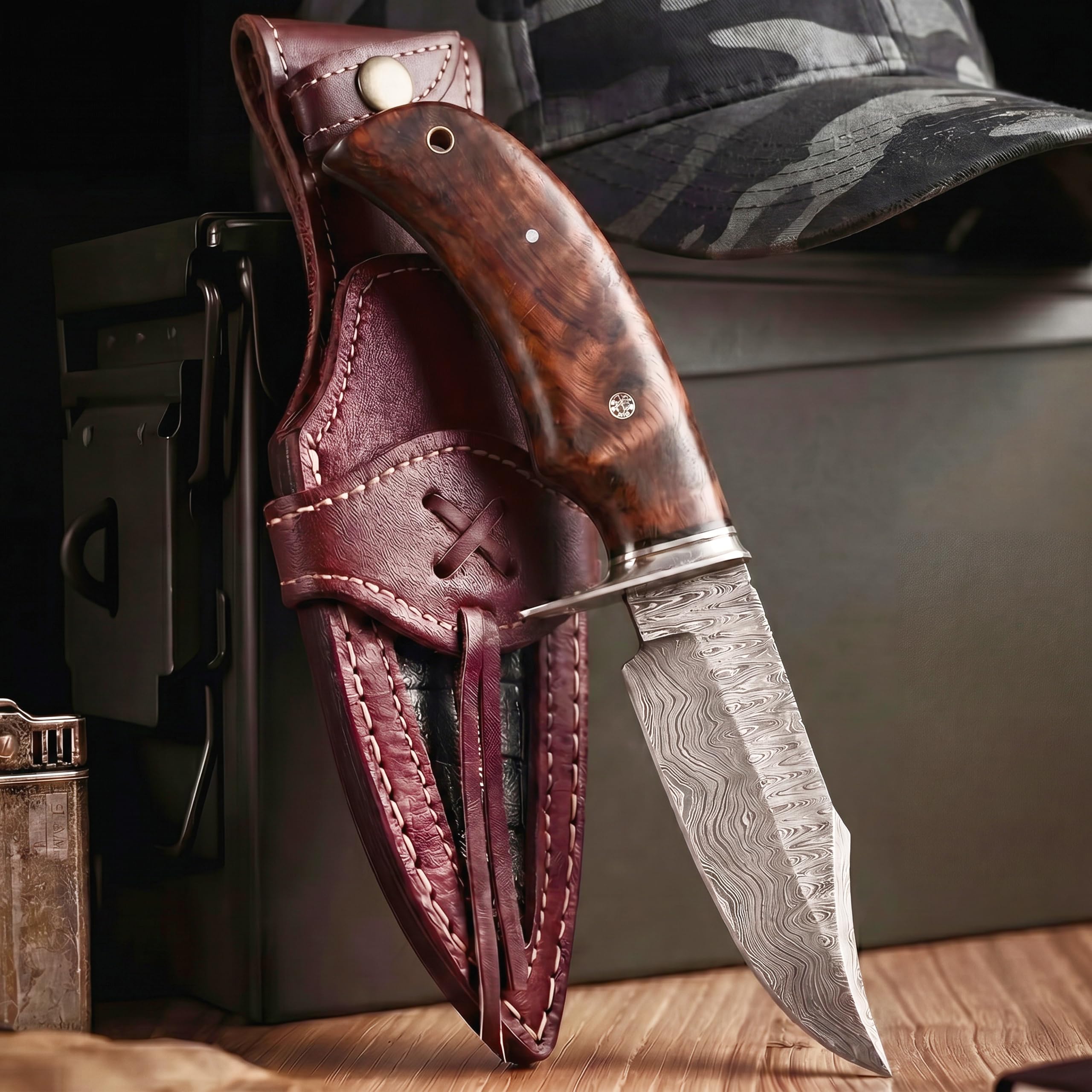 BIGCAT ROAR Cuchillo de Caza Premium Hecho a Mano de Acero de Damasco con Funda - 25 cm Hoja Fija con Mango de Madera de Nogal - Cuchillo Multiuso para Hombre - Bear Hunter