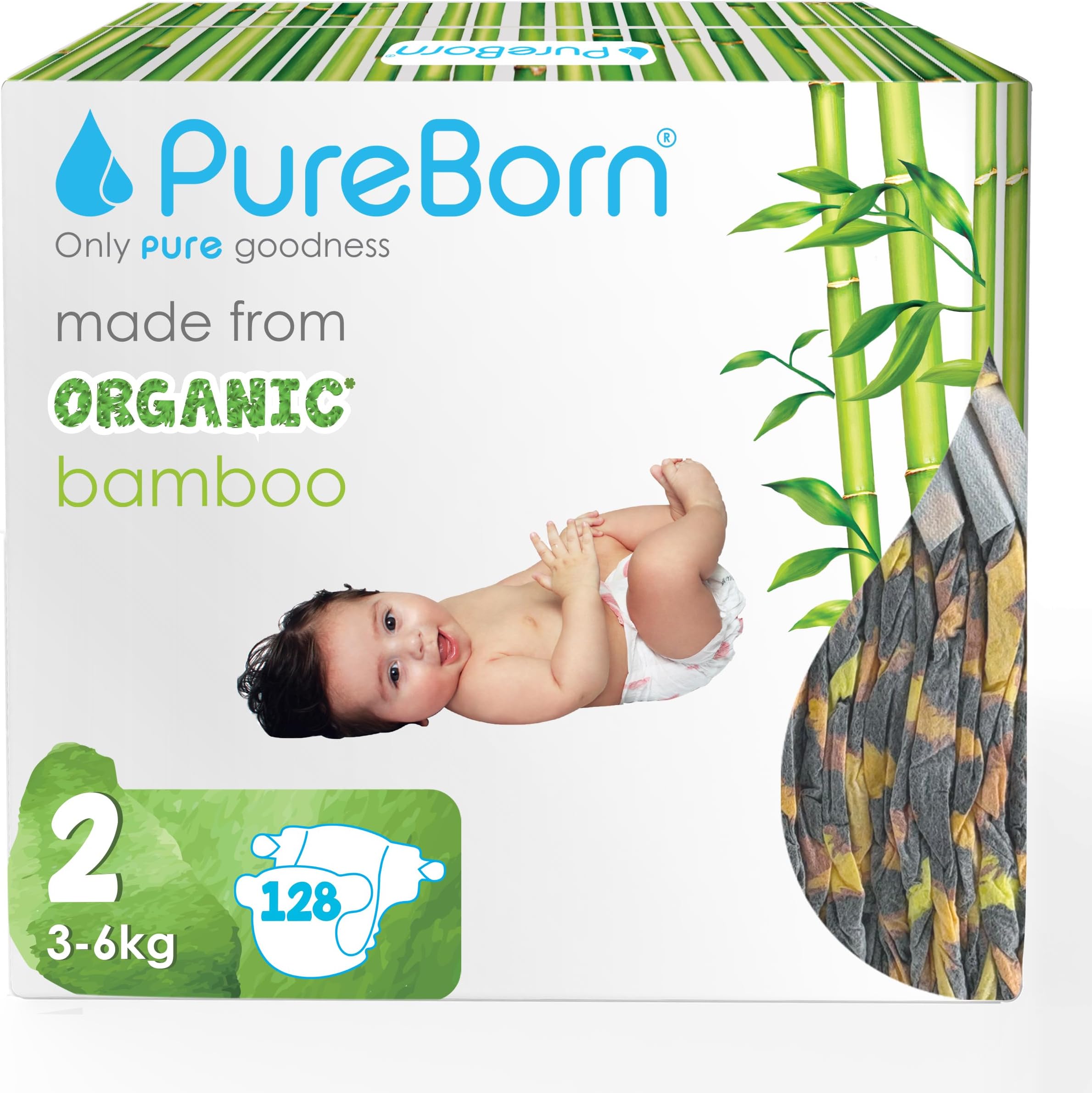 PureBorn Nappies Pure Organic Bamboo Nappies – Nappies Size 2 Hypoallergenic 128 - Nappies Ultra Soft (3 - 6 kg) 100% Plant Based Eco Friendly Assorted Print
