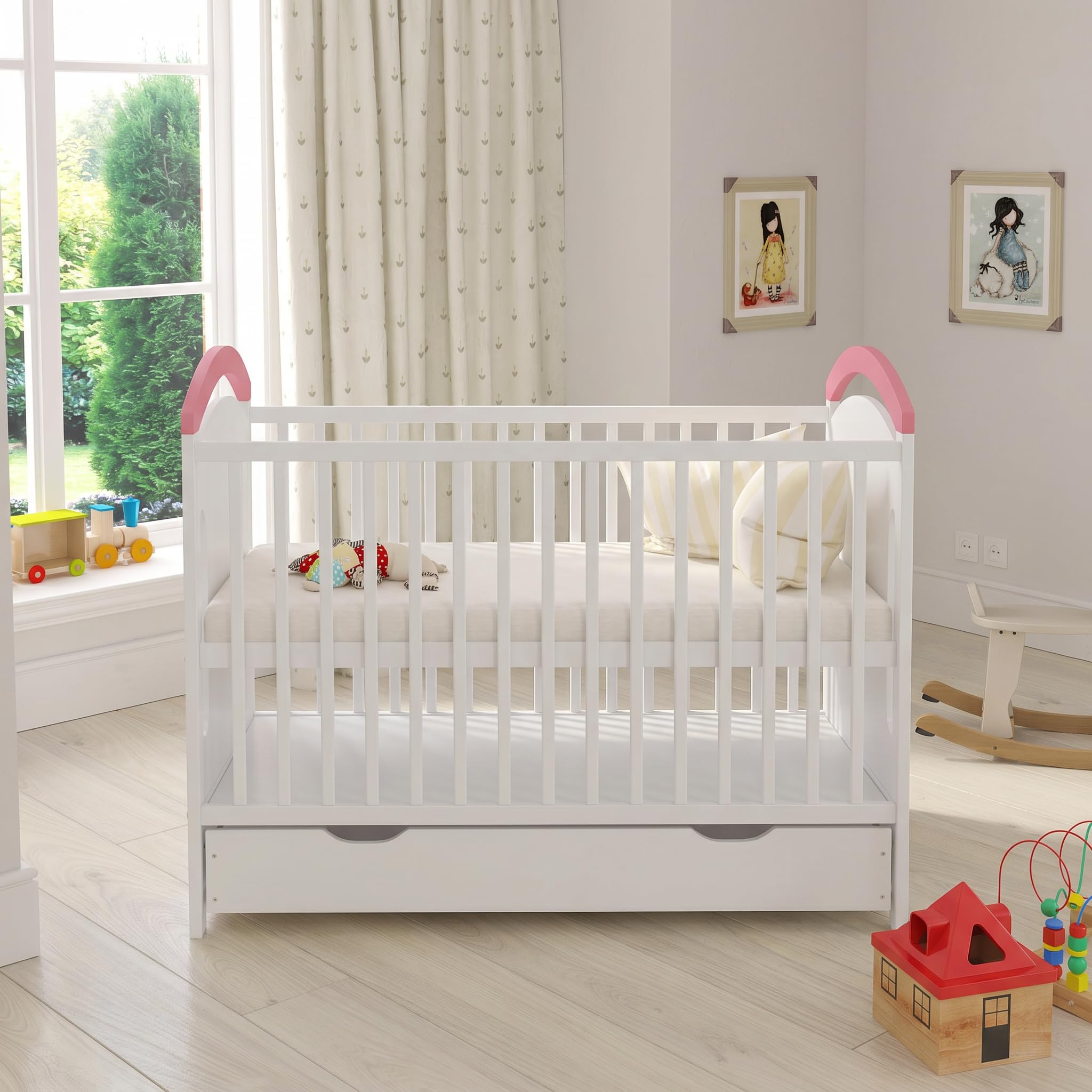 Love For Sleep Lettino Culla Neonato 120x60 cm in Legno di Pino Blu Rosa – Lettino Trasformabile con Barriera di Sicurezza e Protezioni Morbide per Dentizione, per Bambini 0-3 Anni