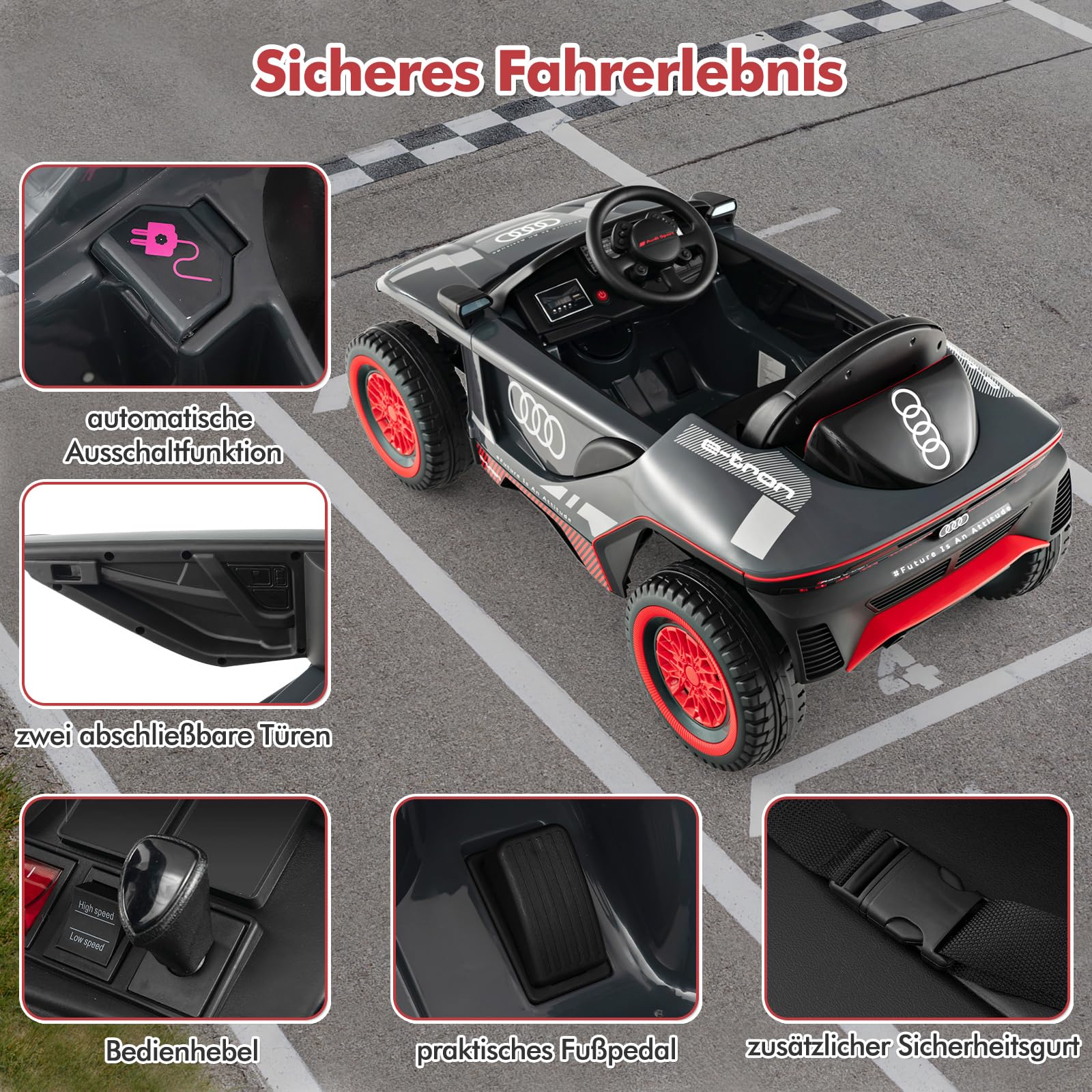COSTWAY Audi Elektroauto für Kinder, 12V elektrisches Kinderauto mit Fernbedienung & LED-Lichtern & 4 Federungen, Kinderfahrzeug Elektrofahrzeug für Kinder ab 3 Jahren