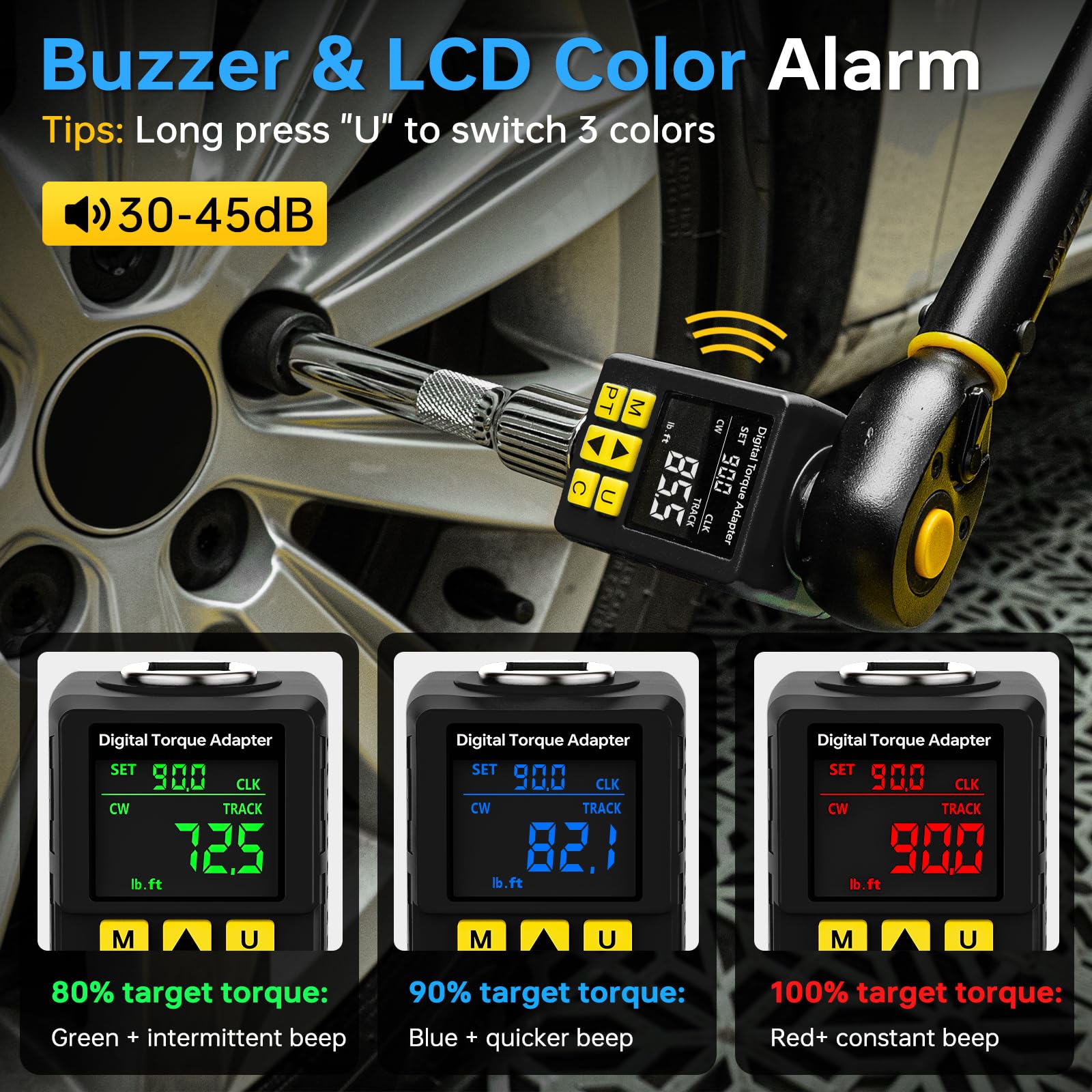 YIYEIE 1/2" Drive Digital Torque Adapter, (±1% Accuracy, 5-100Ft-lb), Smart Alert, Torque Wrench Digital Calibration Tool with Color Display, Torque Meter for Auto, Moto& Home Repairs(135N.m) — Amazon image 3