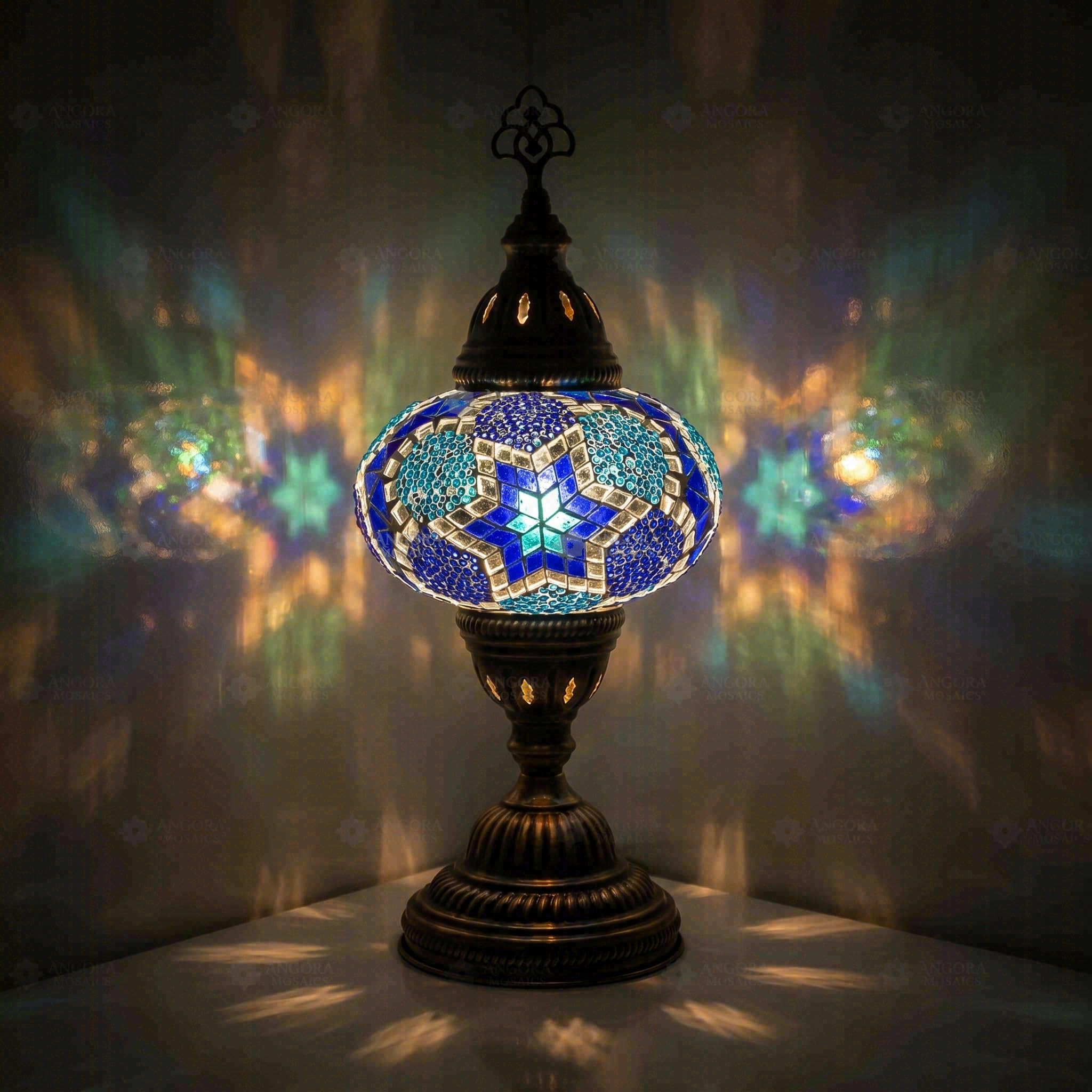 ENVA Niebieska turecka mozaika lampa stołowa - ręcznie wykonana mozaika szklana lampka nocna - wzór kobaltowej gwiazdy - marokański akcent lampa biurkowa