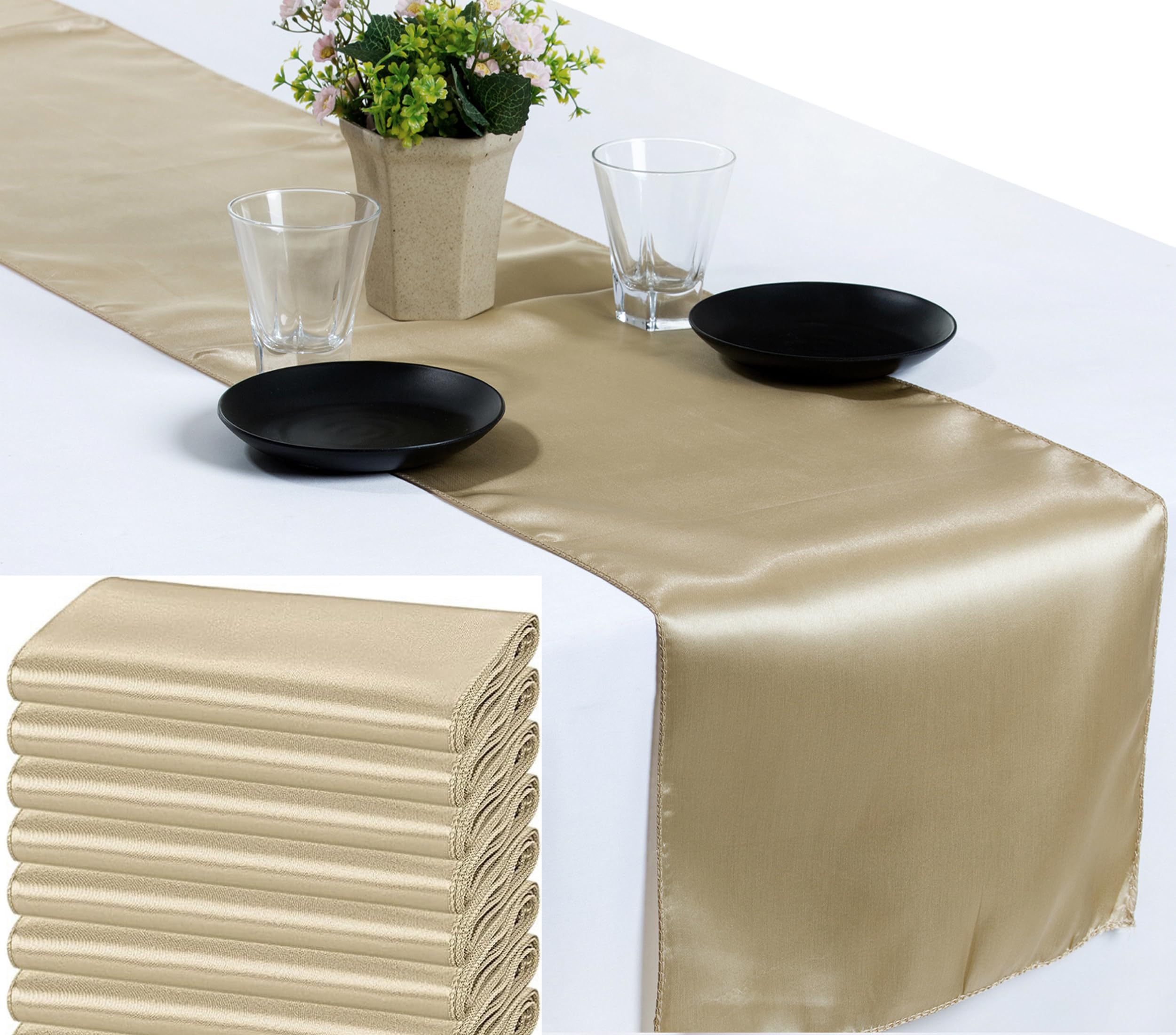 VDS Pack of 30 Satin Table Runners for Wedding & Party Décor 12” x 108”, Smooth Glossy Sateen Fabric Runner, Dining Table Decoration for Reception Banquet & Events Hotel Restaurant - Champagne Gold