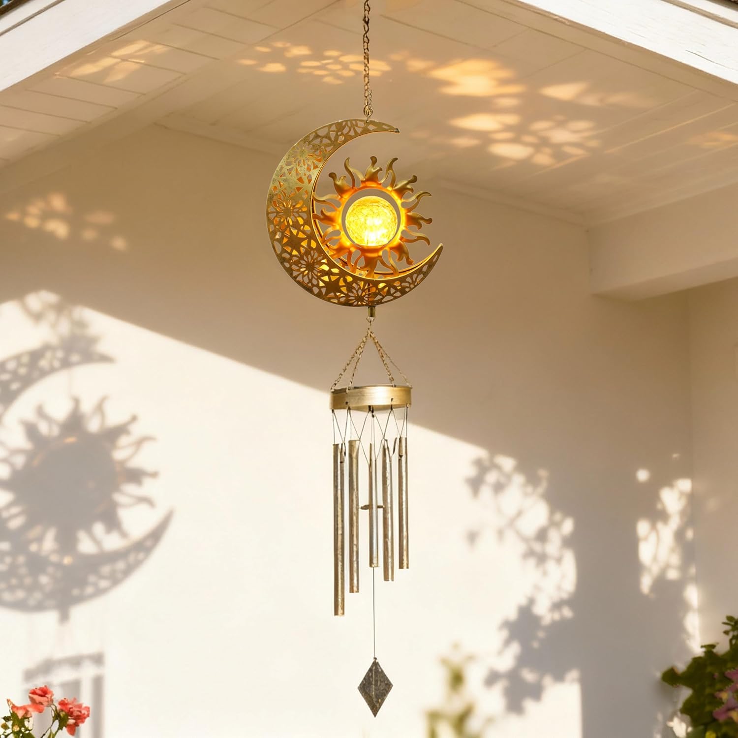 YAKii Sun Moon Solar Wind Chimes for Outside Lights Prefert Gifts for Mom Wife Unique Crackle Glass LED Warm Light Outdoor Hanging Decor Windchimes for Garden Yard Patio Christmas Birthday Mothers Day - Image 9