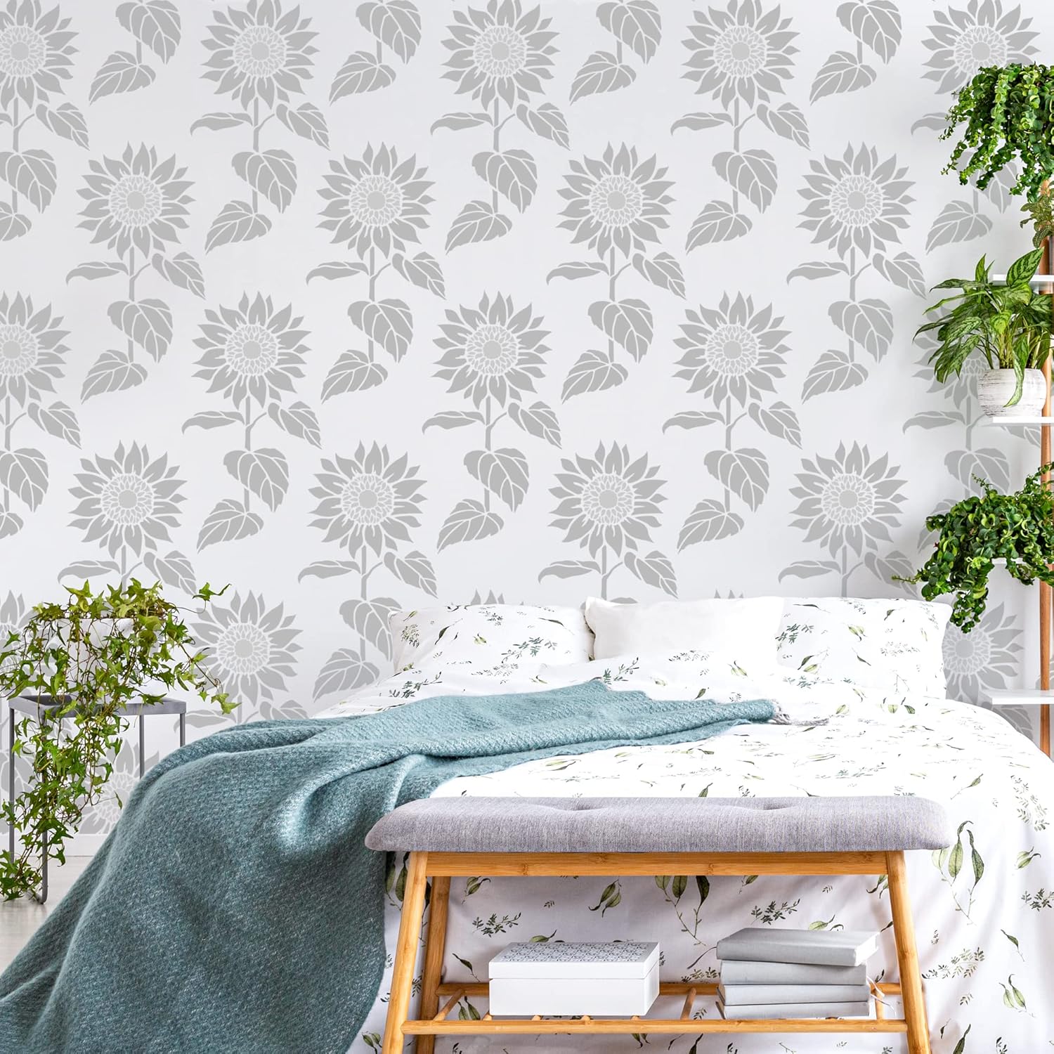 NAKLEO Floral Large Wall Painting Stencil 16,9" x25,2, Sunflower Leaf Nature Pattern, Reusable Plastic Flower Template, DIY Art and Craft Home Decor, Floor Wood Fabric Furniture