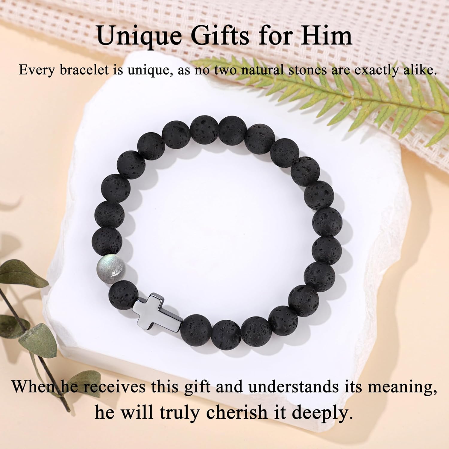 𝗖𝗵𝗿𝗶𝘀𝘁𝗶𝗮𝗻 𝗚𝗶𝗳𝘁𝘀 𝗳𝗼𝗿 𝗠𝗲𝗻 𝗠𝗼𝗼𝗻𝘀𝘁𝗼𝗻𝗲 𝗖𝗿𝗼𝘀𝘀 𝗕𝗿𝗮𝗰𝗲𝗹𝗲𝘁𝘀, Valentines Day Birthday Anniversary Christmas Inspirational Gifts for Him Son Grandson Moonstone Volcanic Rock Cross Bracelets - Image 5