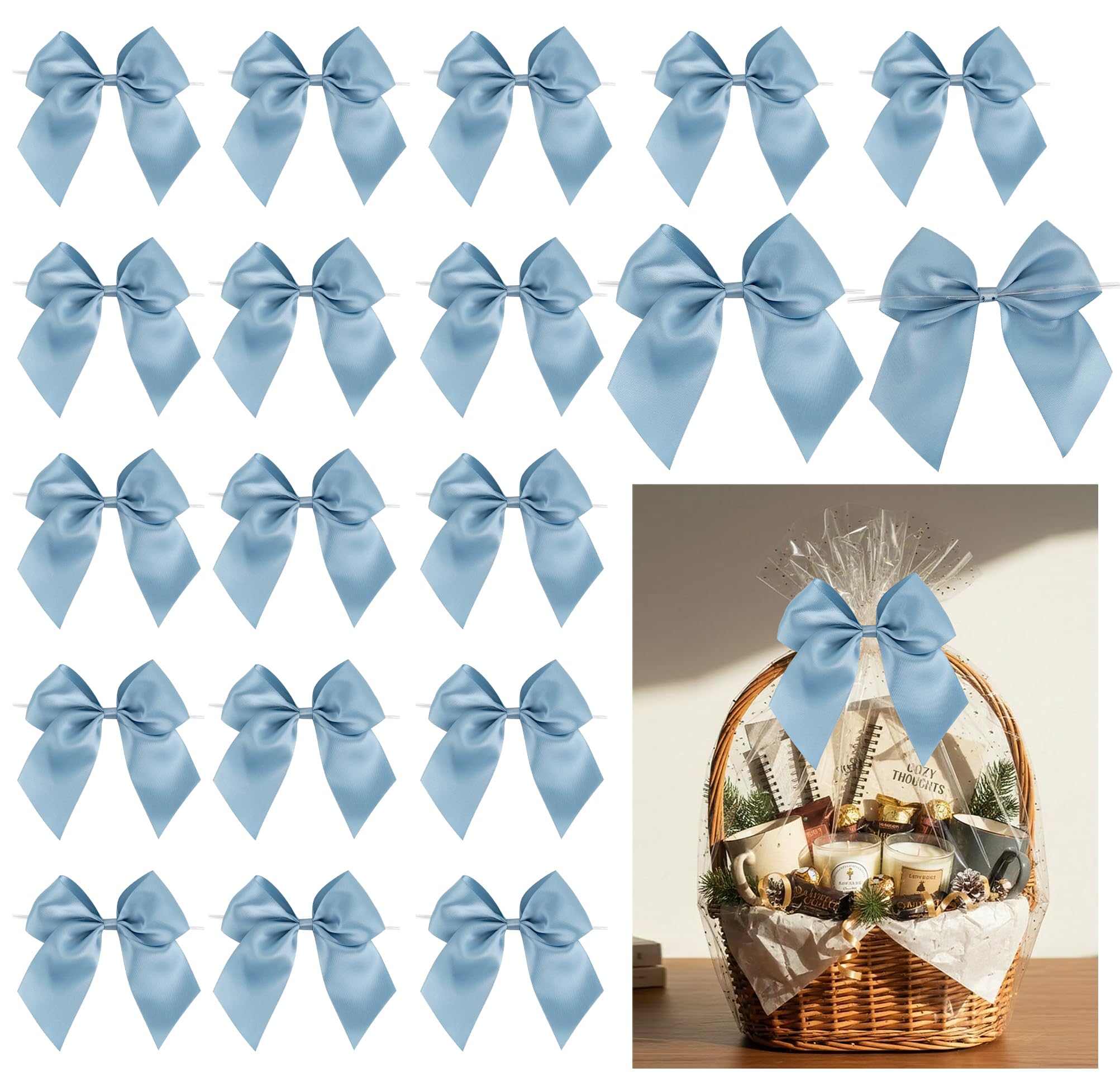 LiBongTa Dusty Blue Bows 5" Pre-Tied Twist Tie Bows 24 PCS Blue Satin Ribbon Bow for Gift Wrapping Treat Bags Wine Bottle DIY Crafts Baby Shower