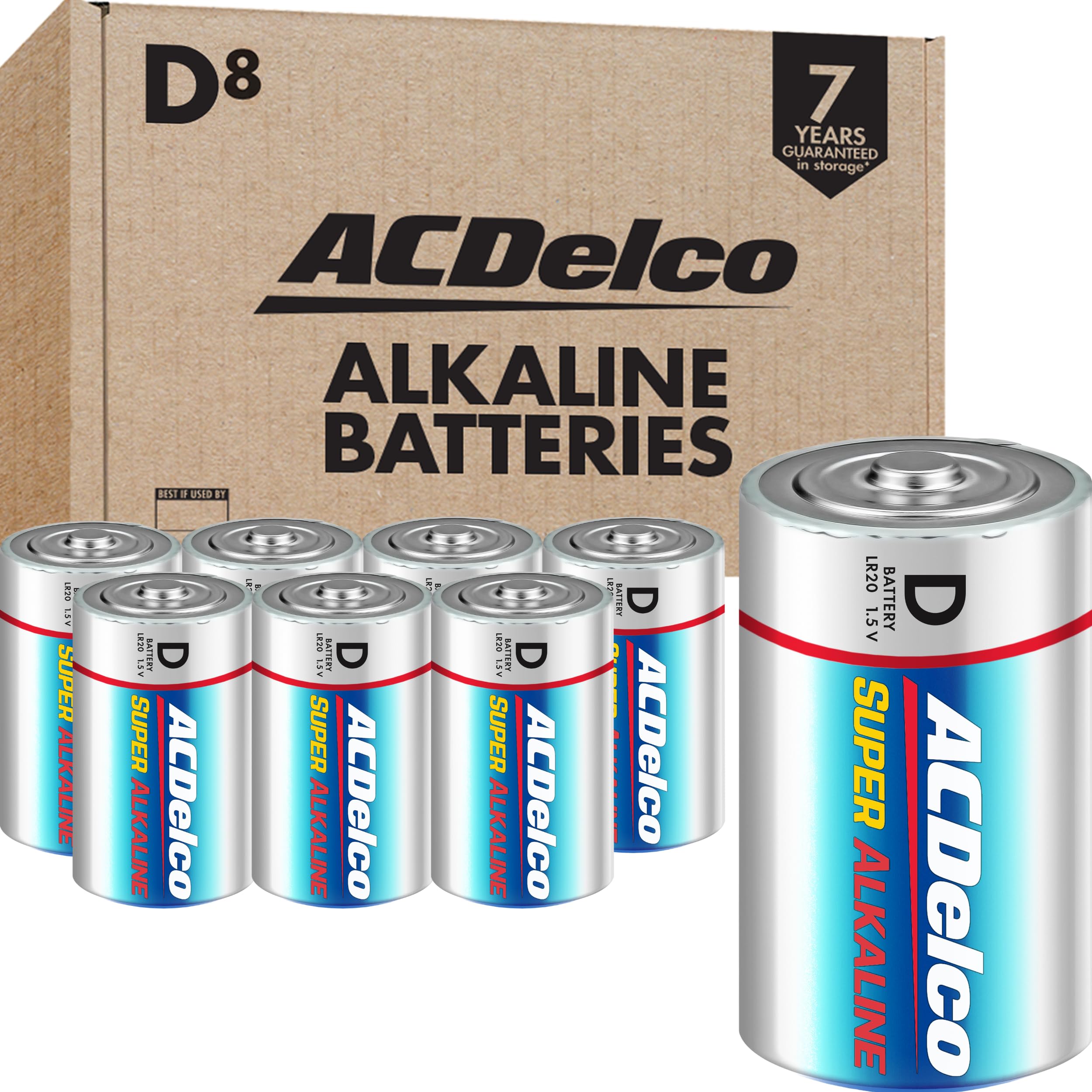 ACDelco 8-Count D Batteries Maximum Power Super Alkaline Battery for Home and Office 7-Year Shelf Life Reclosable Packaging