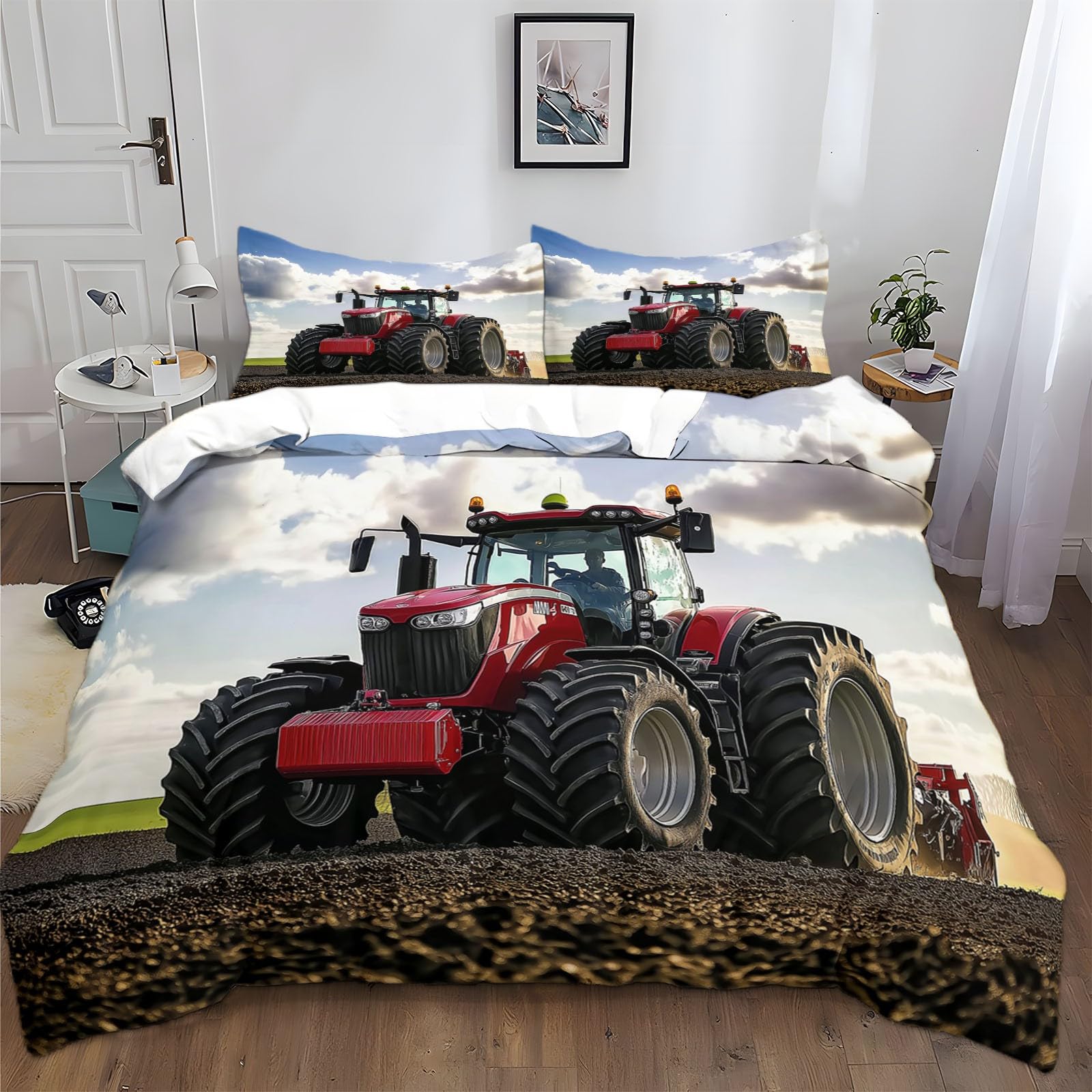 Generisch Bettwäsche-Sets 155x220cm Roter Traktor Bettwäsche 3 Teilig, Weich Atmungsaktiv Polyester-Baumwolle Bettbezug Set mit Reißverschluss, 2 Kissenbezüge 80x80 cm
