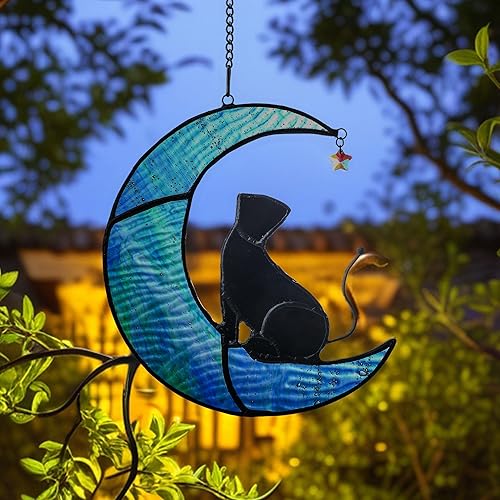 Miniatura 6 de HDCRYSTALGIFTS Gato negro para colgar en la ventana, diseño de gato sentado en luna azul, para decoración de pared de ventana, regalos para