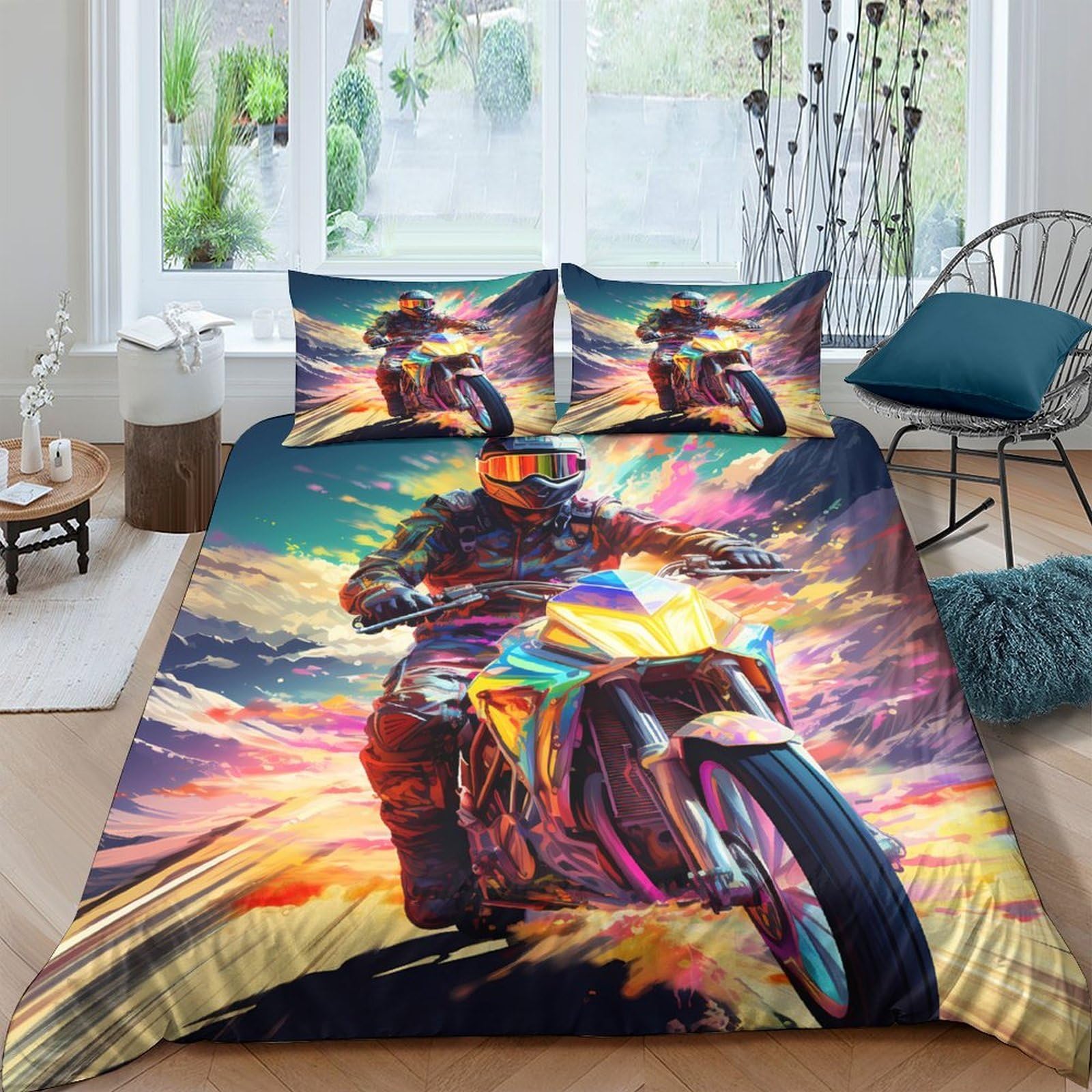 Ctjqhvkz Style-4 3D Printed Motorcycle Sunset Fitted Sheet Microfiber Soft Breathable Racing Bed Cover For Bedroom Dorm Mattress Decor Single（135X200cm）